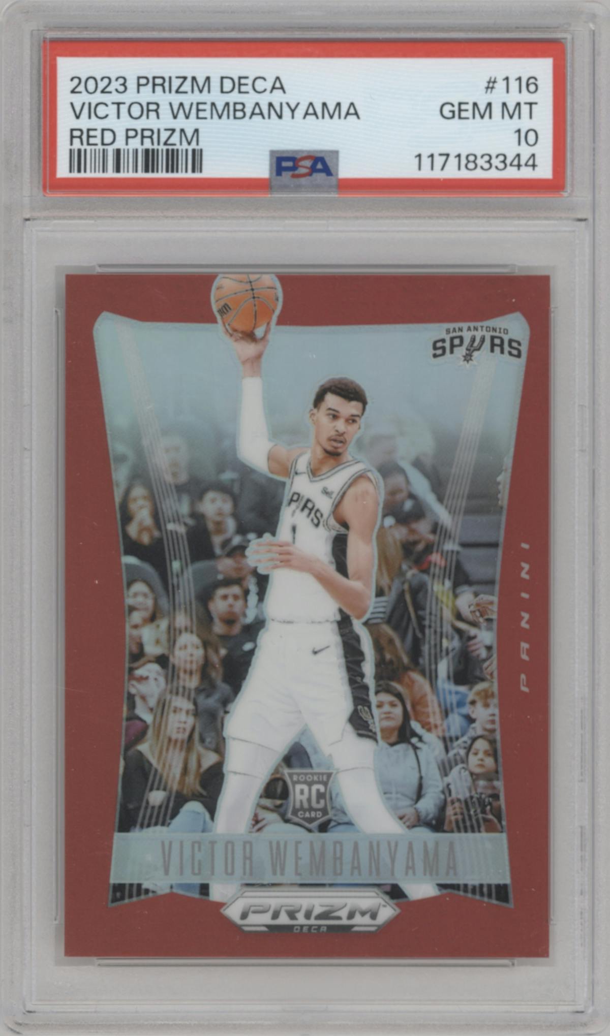 Victor Wembanyama from the 2023-24 Panini Prizm Deca set featuring a Red Prizm parallel graded by PSA and given an overall grade of 10.