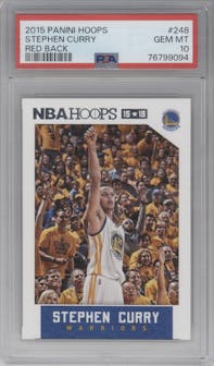 Stephen Curry from the 2015-16 Panini NBA Hoops set featuring a Red Back parallel graded by PSA and given an overall grade of 10.
