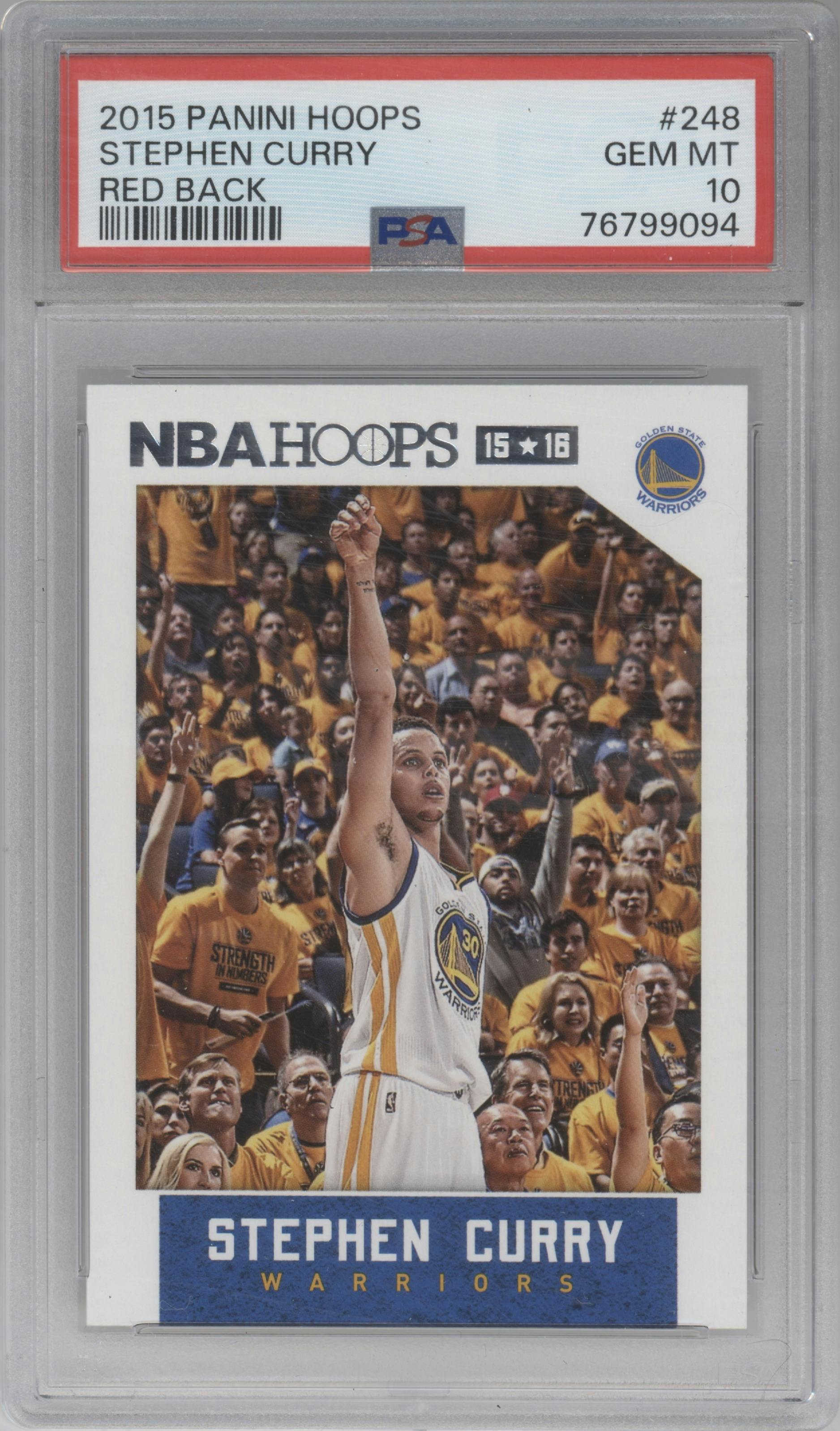 Stephen Curry from the 2015-16 Panini NBA Hoops set featuring a Red Back parallel graded by PSA and given an overall grade of 10.