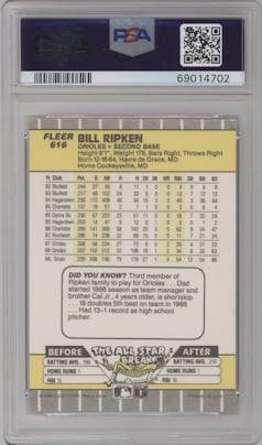 Bill Ripken from the 1989 Fleer set featuring a FF Error parallel graded by PSA and given an overall grade of 10.