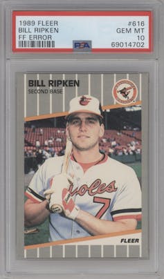 Bill Ripken from the 1989 Fleer set featuring a FF Error parallel graded by PSA and given an overall grade of 10.