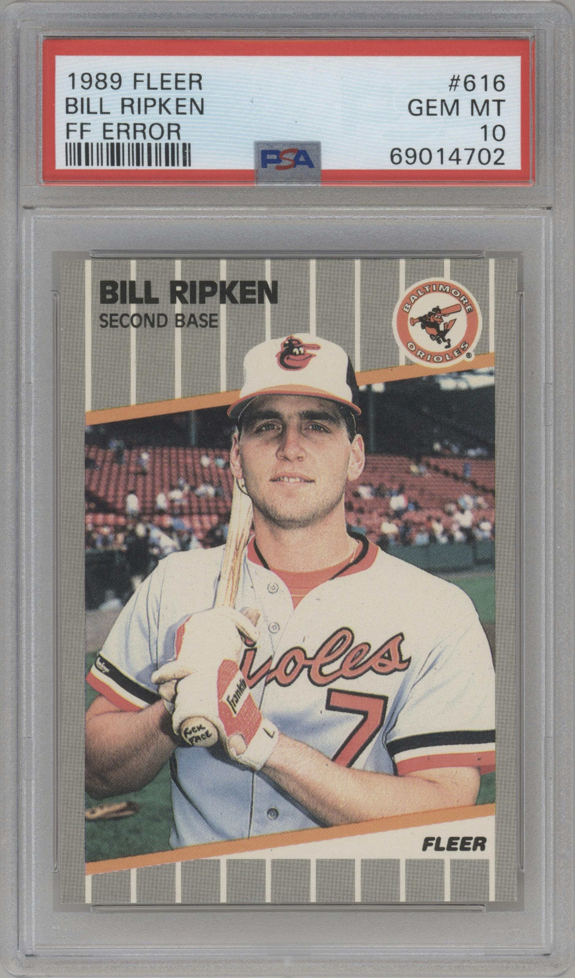 Bill Ripken from the 1989 Fleer set featuring a FF Error parallel graded by PSA and given an overall grade of 10.