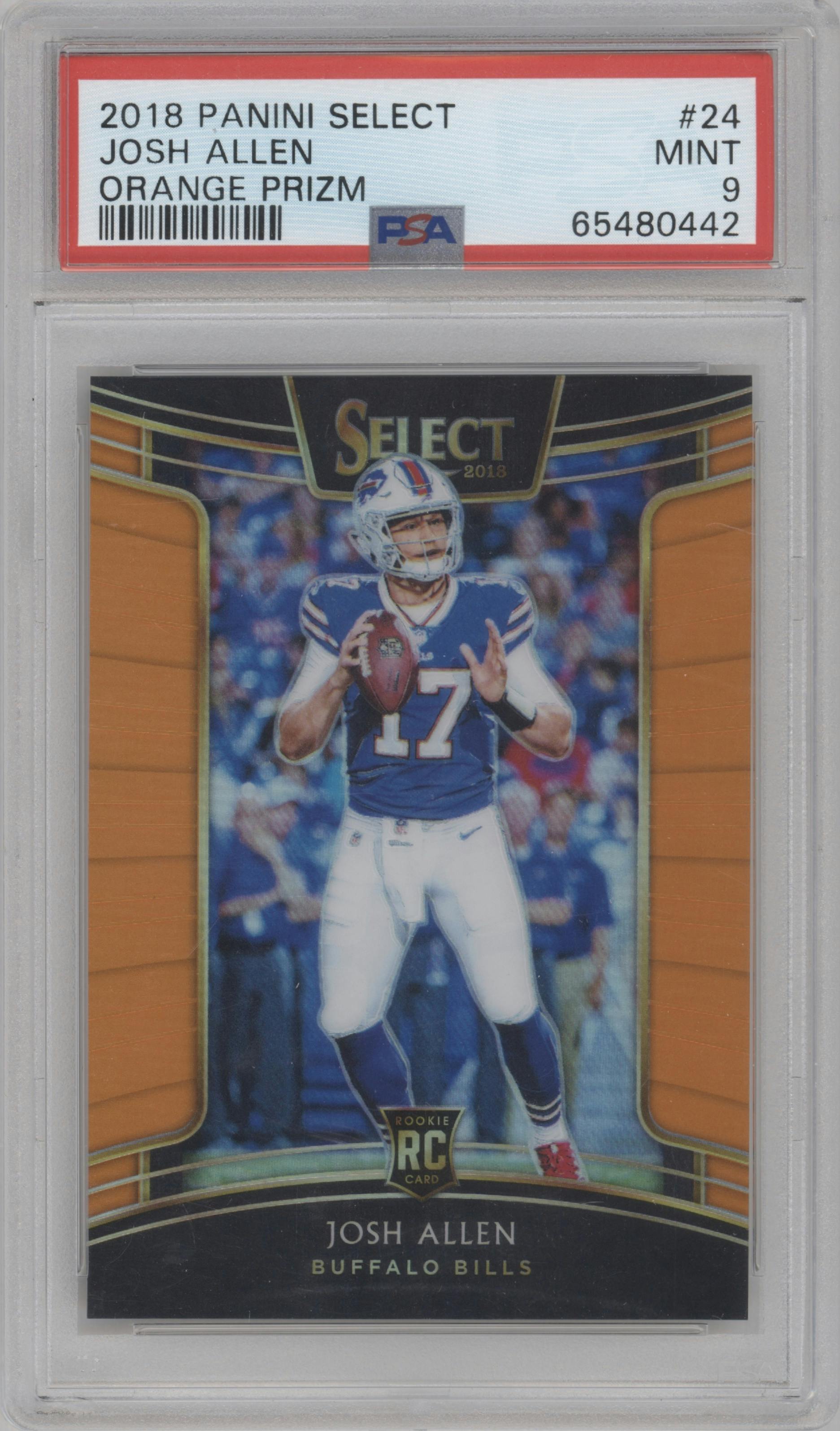 Josh Allen from the 2018 Panini Select set featuring a Orange Prizm parallel graded by PSA and given an overall grade of 9.
