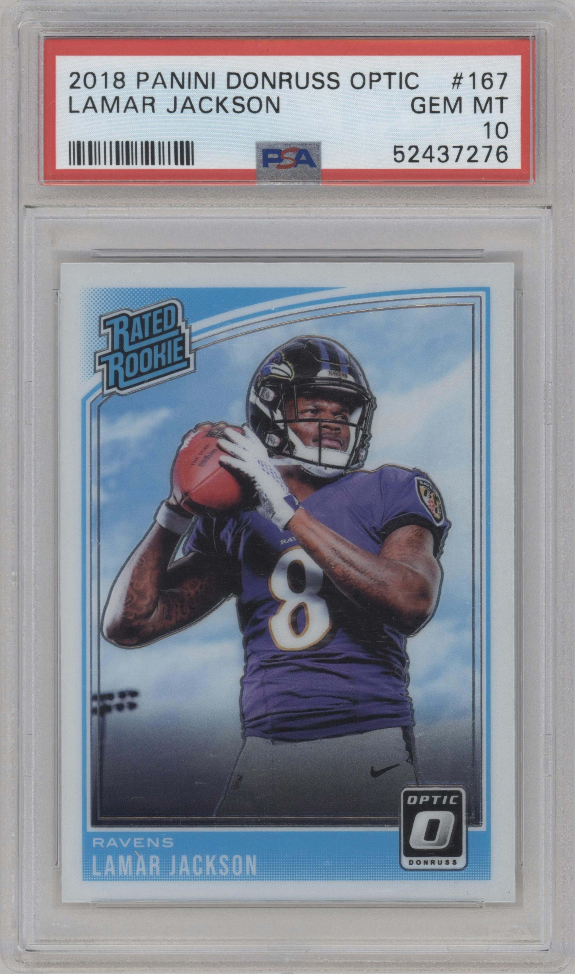 Lamar Jackson from the 2018 Panini Donruss Optic set graded by PSA and given an overall grade of 10.