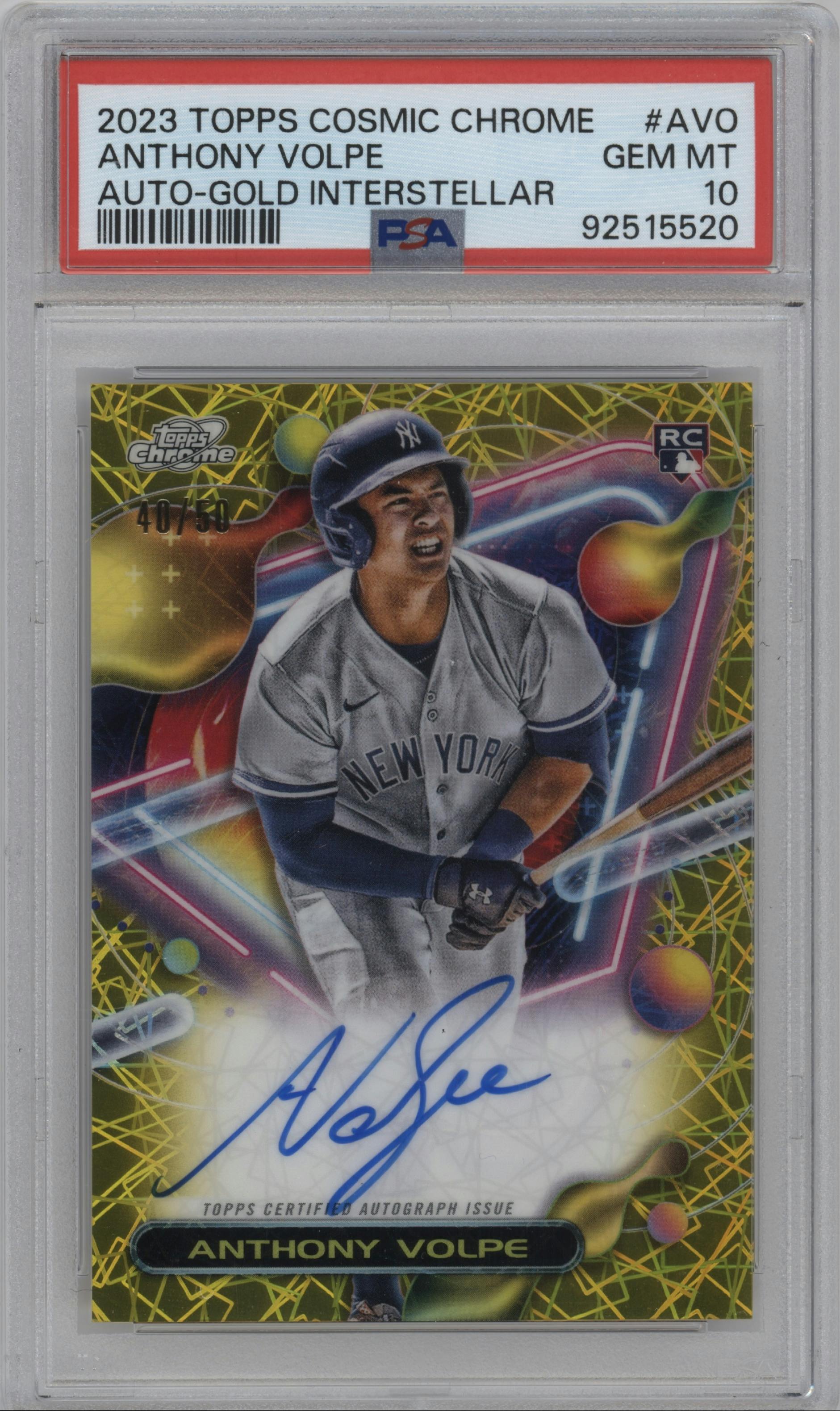 Anthony Volpe from the 2023 Topps Cosmic Chrome set featuring a Gold Interstellar parallel graded by PSA and given an overall grade of 10.