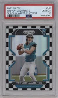 Trevor Lawrence from the 2021 Panini Prizm set featuring a Black & White Checker parallel graded by PSA and given an overall grade of 10.