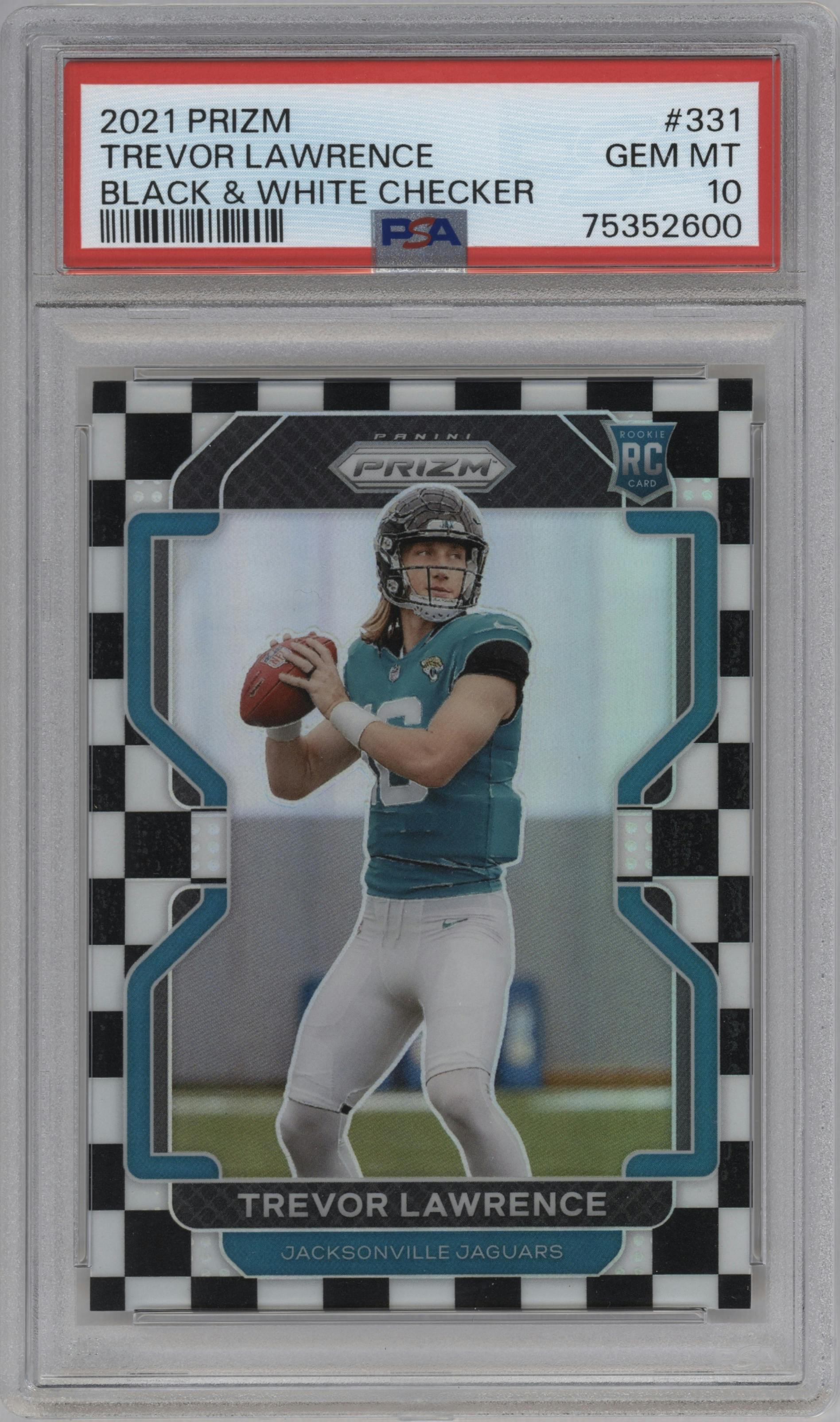 Trevor Lawrence from the 2021 Panini Prizm set featuring a Black & White Checker parallel graded by PSA and given an overall grade of 10.