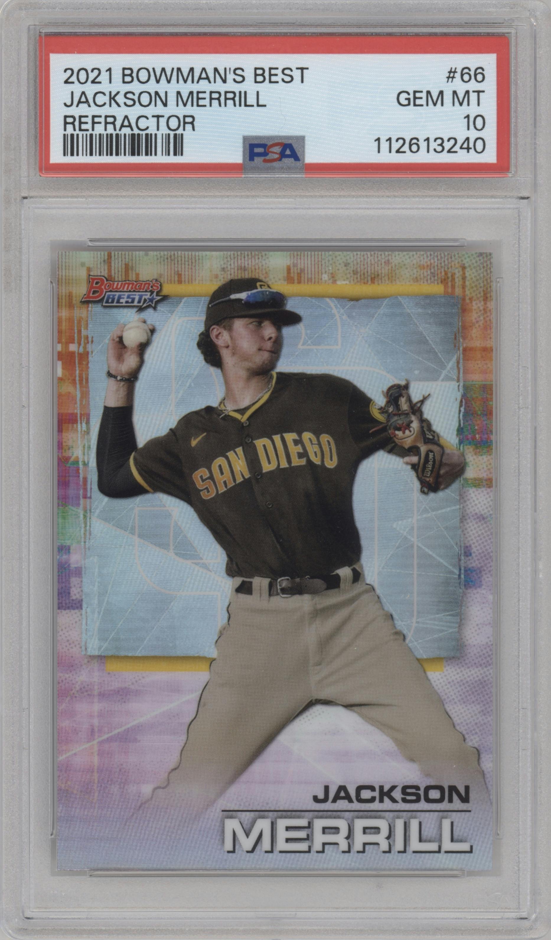 Jackson Merrill from the 2021 Bowman’s Best set featuring a Refractor parallel graded by PSA and given an overall grade of 10.