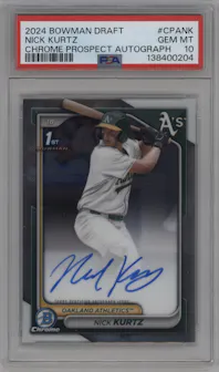 Nick Kurtz from the 2024 Bowman Draft set graded by PSA and given an overall grade of 10.