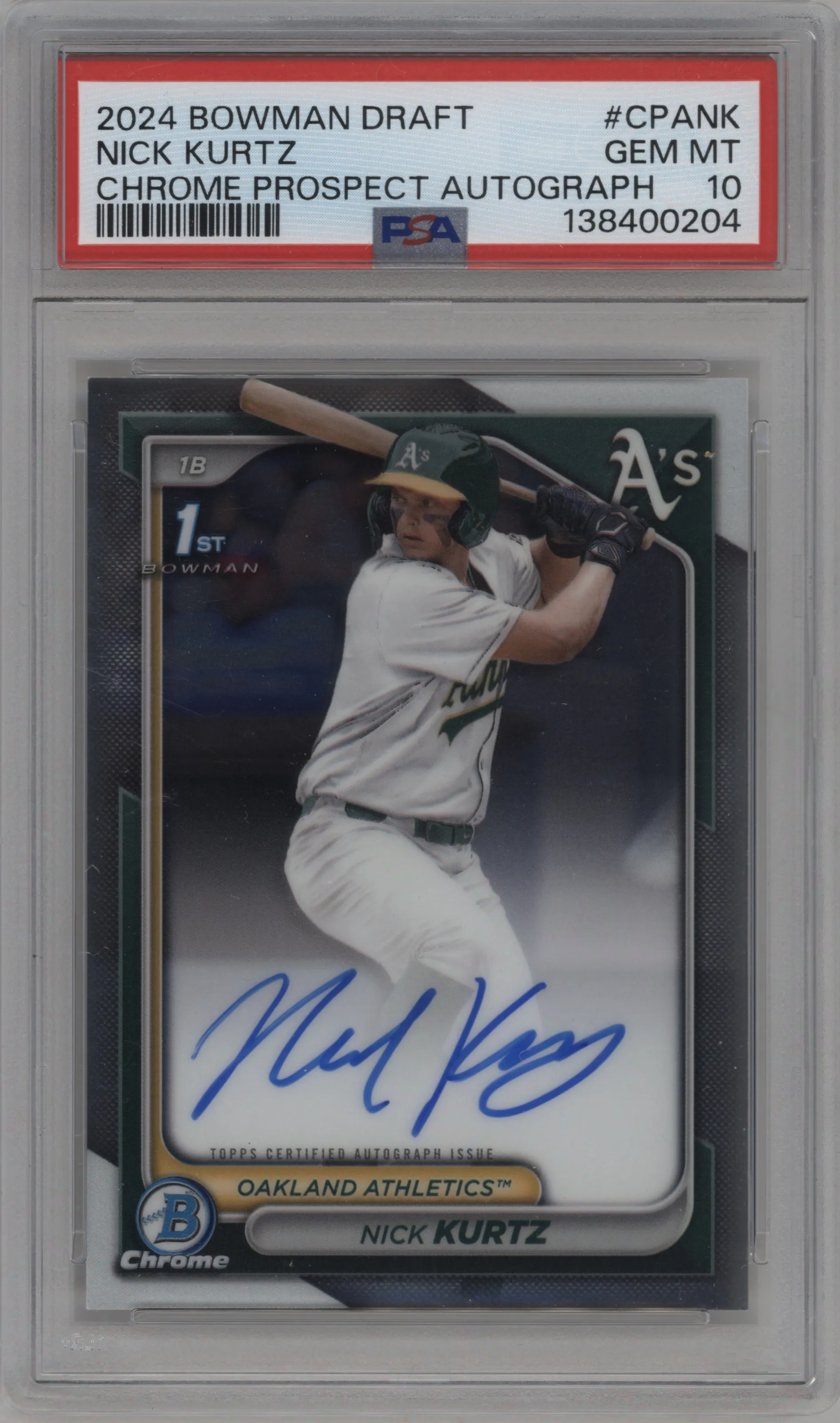 Nick Kurtz from the 2024 Bowman Draft set graded by PSA and given an overall grade of 10.