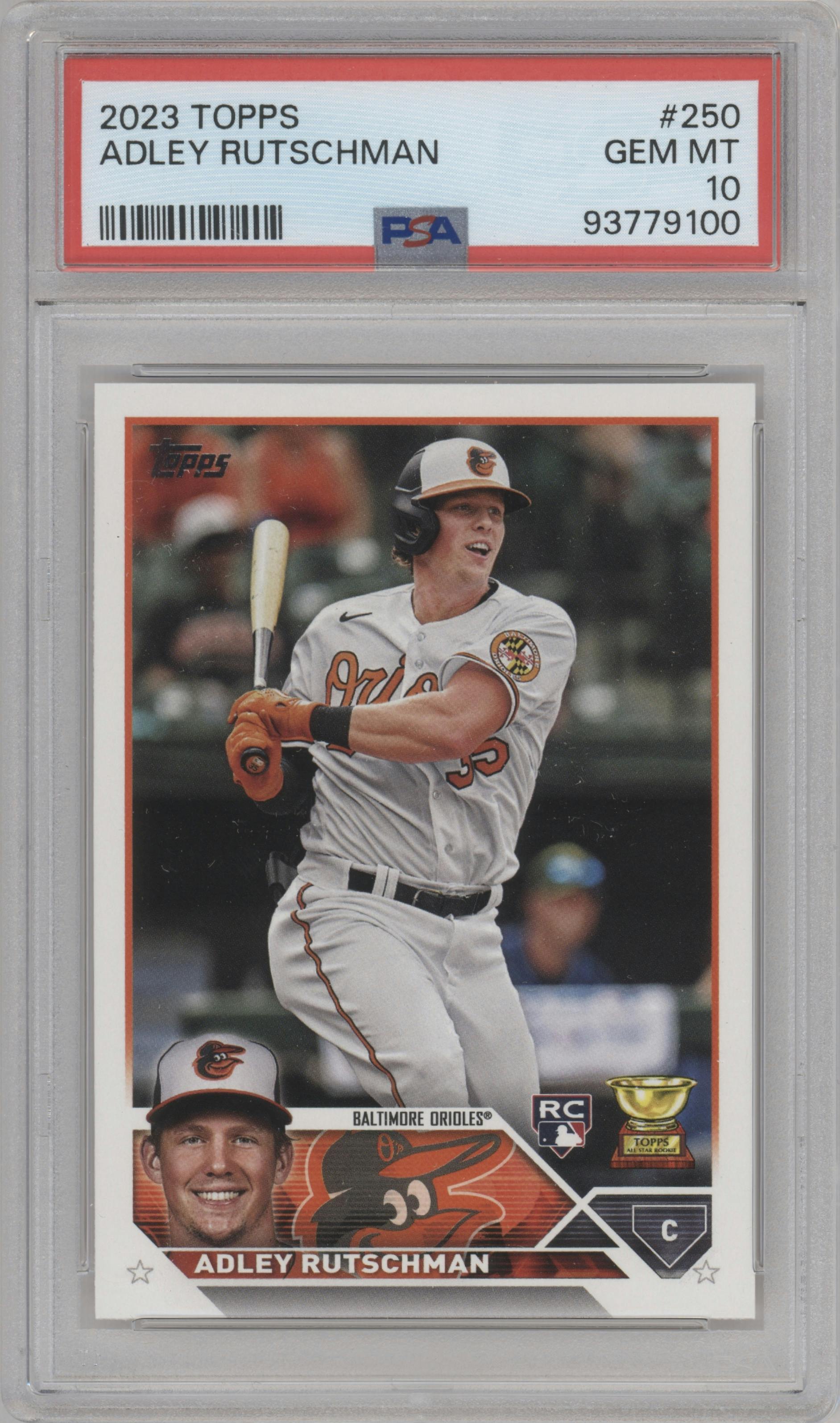 Adley Rutschman from the 2023 Topps Series 1 set graded by PSA and given an overall grade of 10.