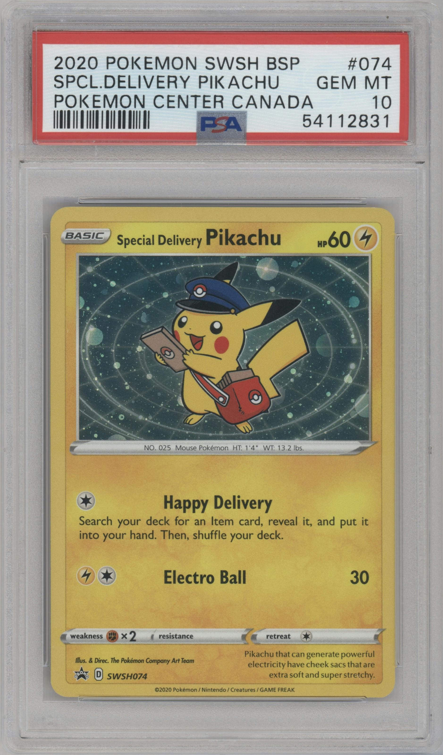 Special Delivery Pikachu from the 2020 Pokemon SWSH set featuring a Pokemon Center US and Canada parallel graded by PSA and given an overall grade of 10.