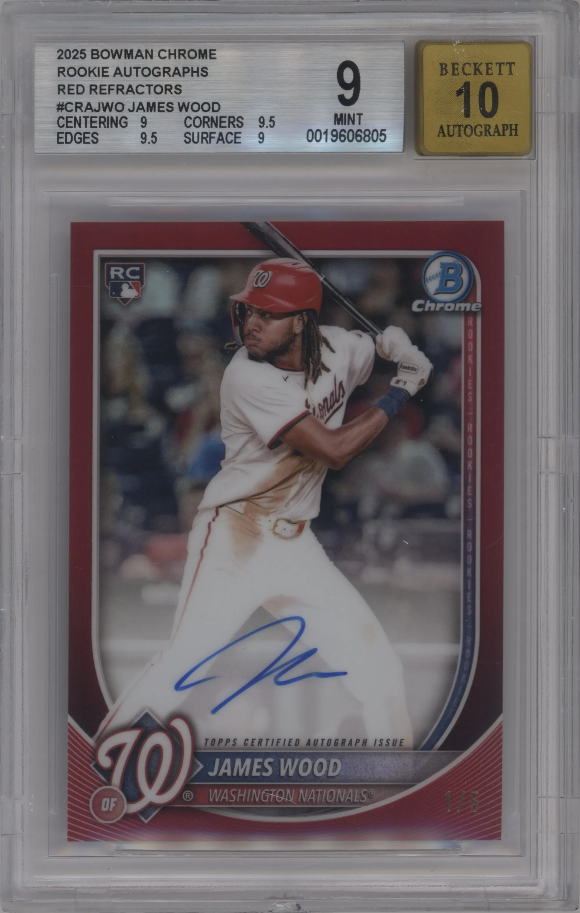 James Wood from the 2025 Bowman Chrome set featuring a Red Refractor parallel graded by Beckett and given an overall grade of 9.