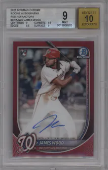 James Wood from the 2025 Bowman Chrome set featuring a Red Refractor parallel graded by Beckett and given an overall grade of 9.