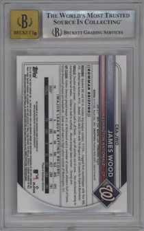 James Wood from the 2025 Bowman Chrome set featuring a Red Refractor parallel graded by Beckett and given an overall grade of 9.