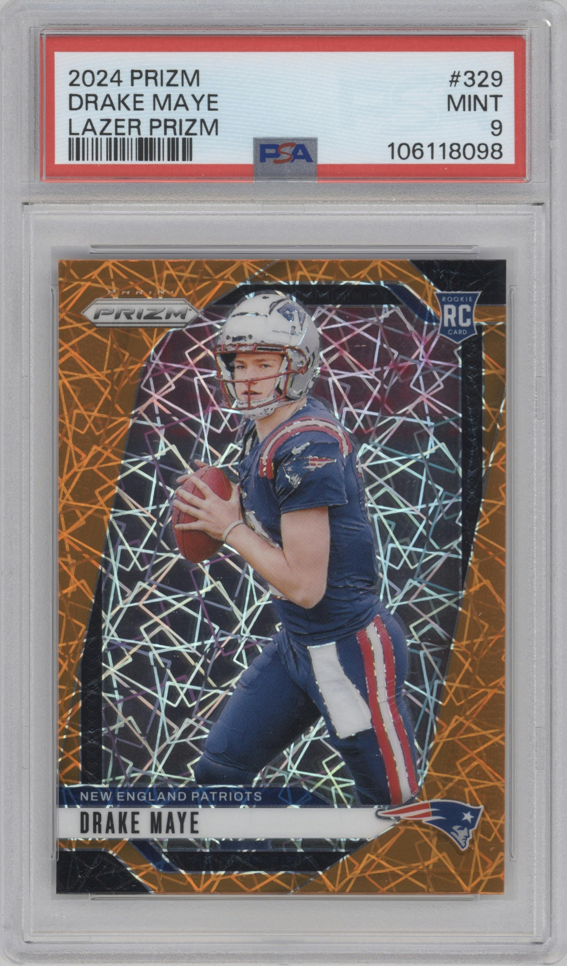 Drake Maye from the 2024 Panini Prizm set featuring a Lazer Prizm parallel graded by PSA and given an overall grade of 9.