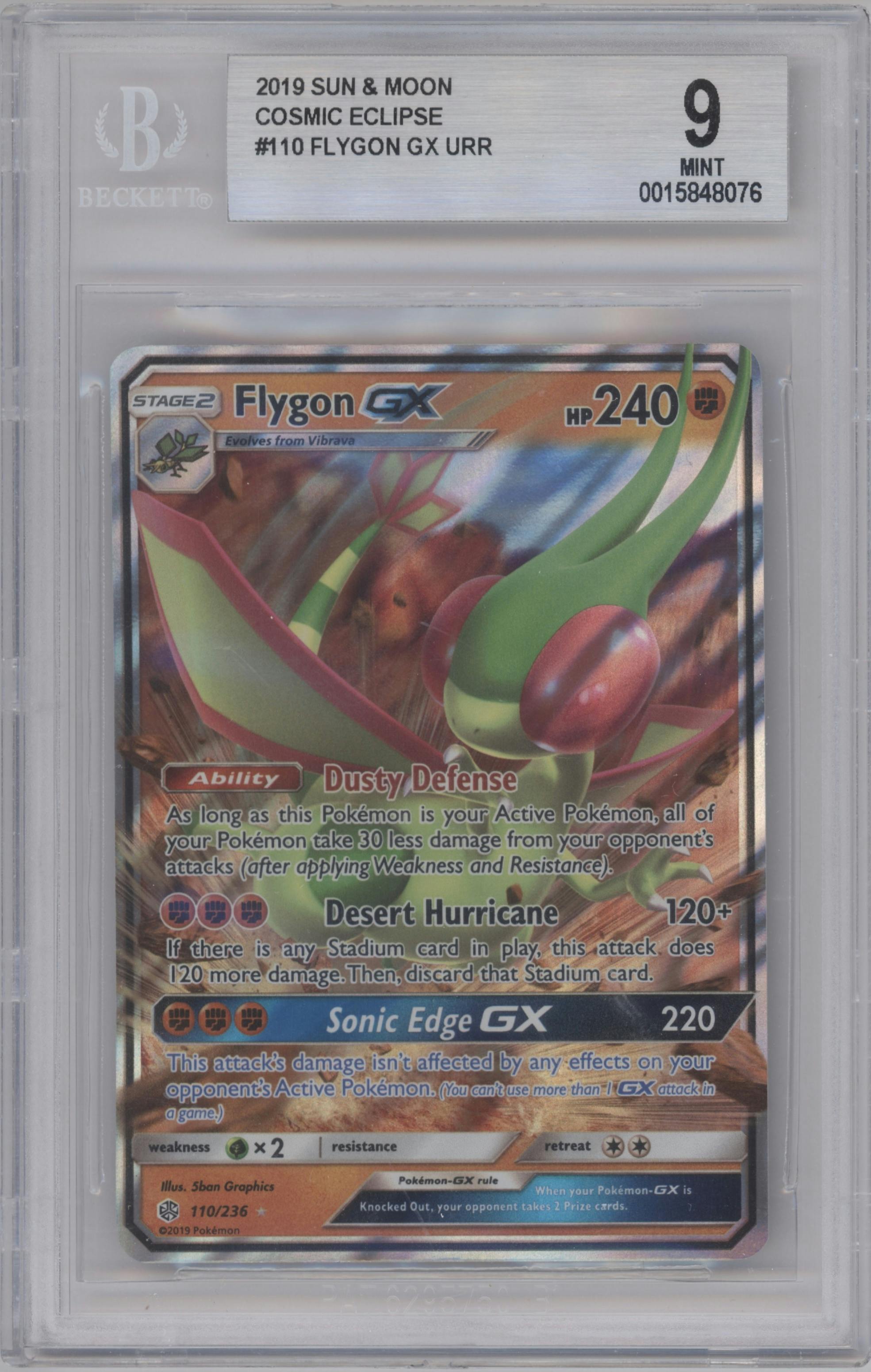 Flygon GX from the 2019 Pokemon S&M  set graded by Beckett and given an overall grade of 9.