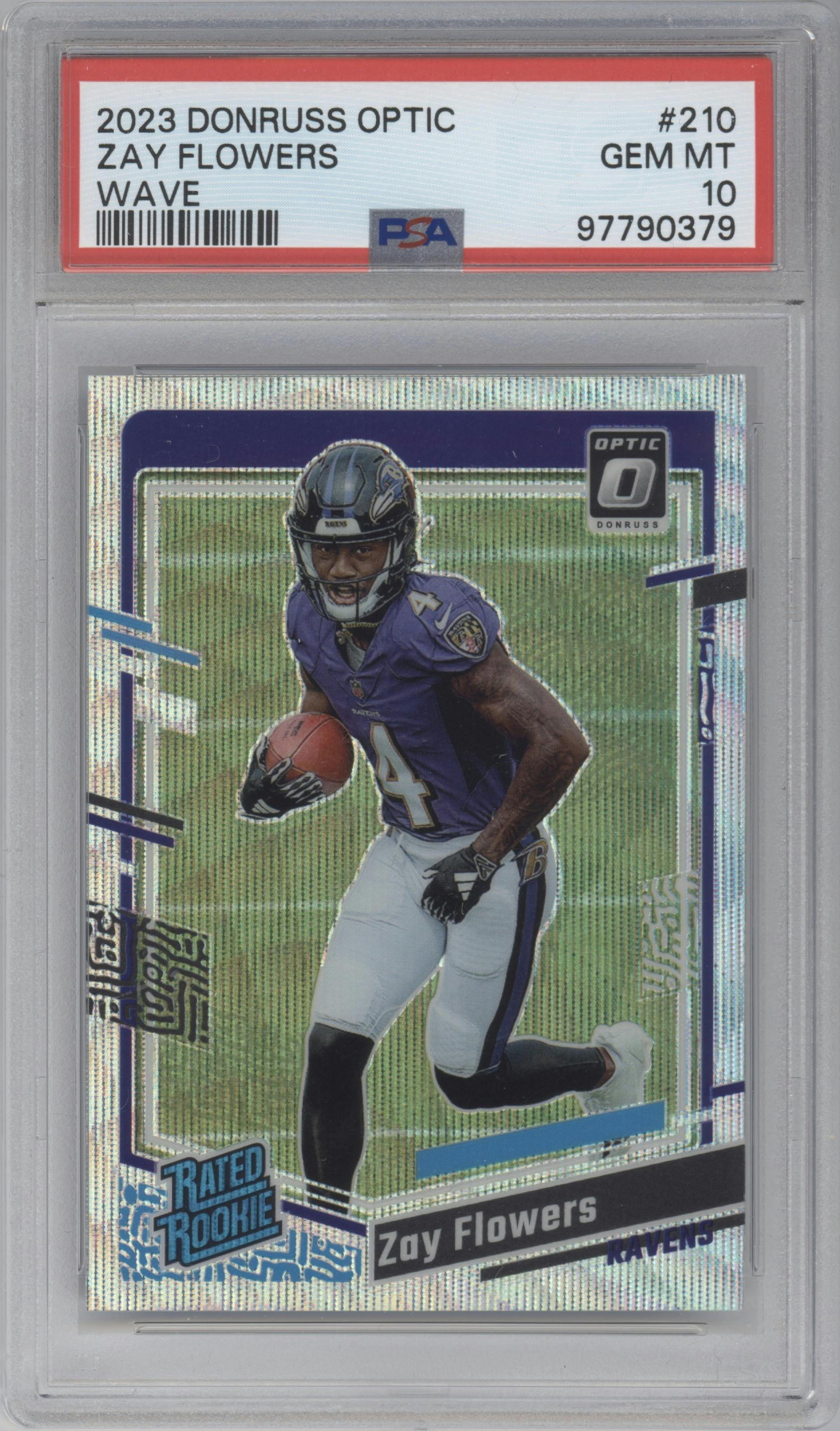Zay Flowers from the 2023 Donruss Optic set featuring a Wave parallel graded by PSA and given an overall grade of 10.