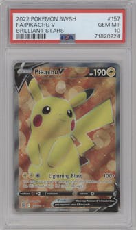 Pikachu V from the 2022 Pokemon SWSH set graded by PSA and given an overall grade of 10.