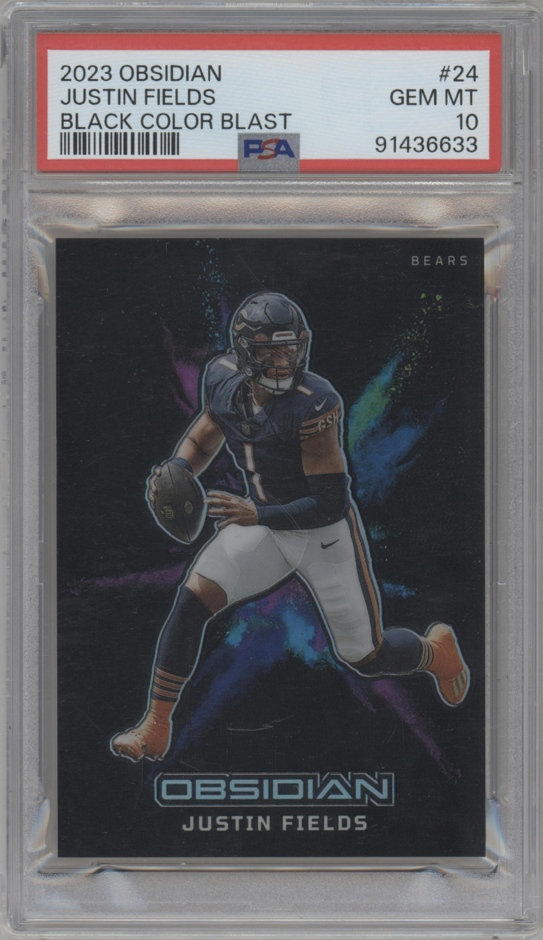 Justin Fields from the 2023 Panini Obsidian set graded by PSA and given an overall grade of 10.