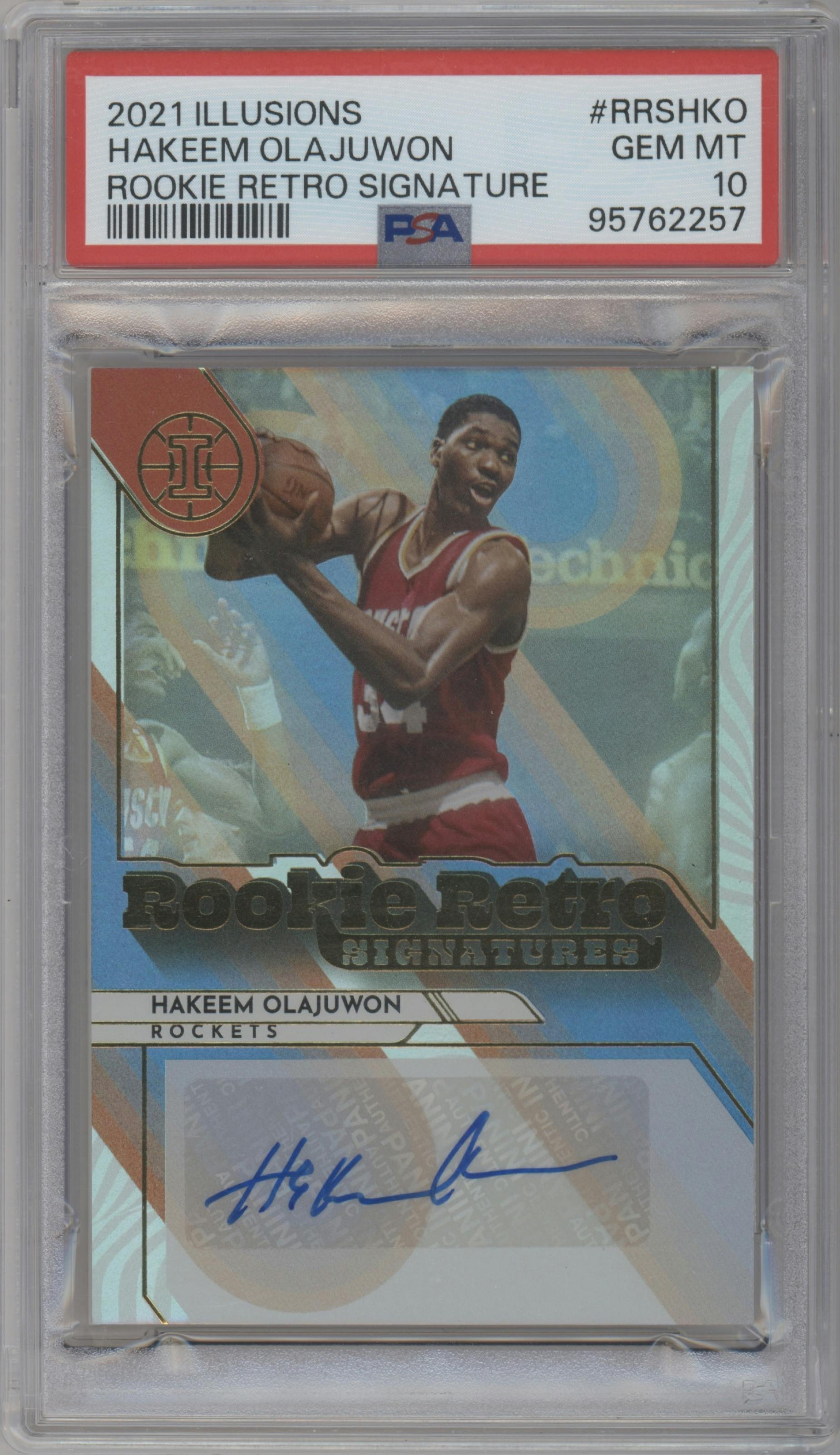 Hakeem Olajuwon from the 2021-22 Panini Illusions set graded by PSA and given an overall grade of 10.