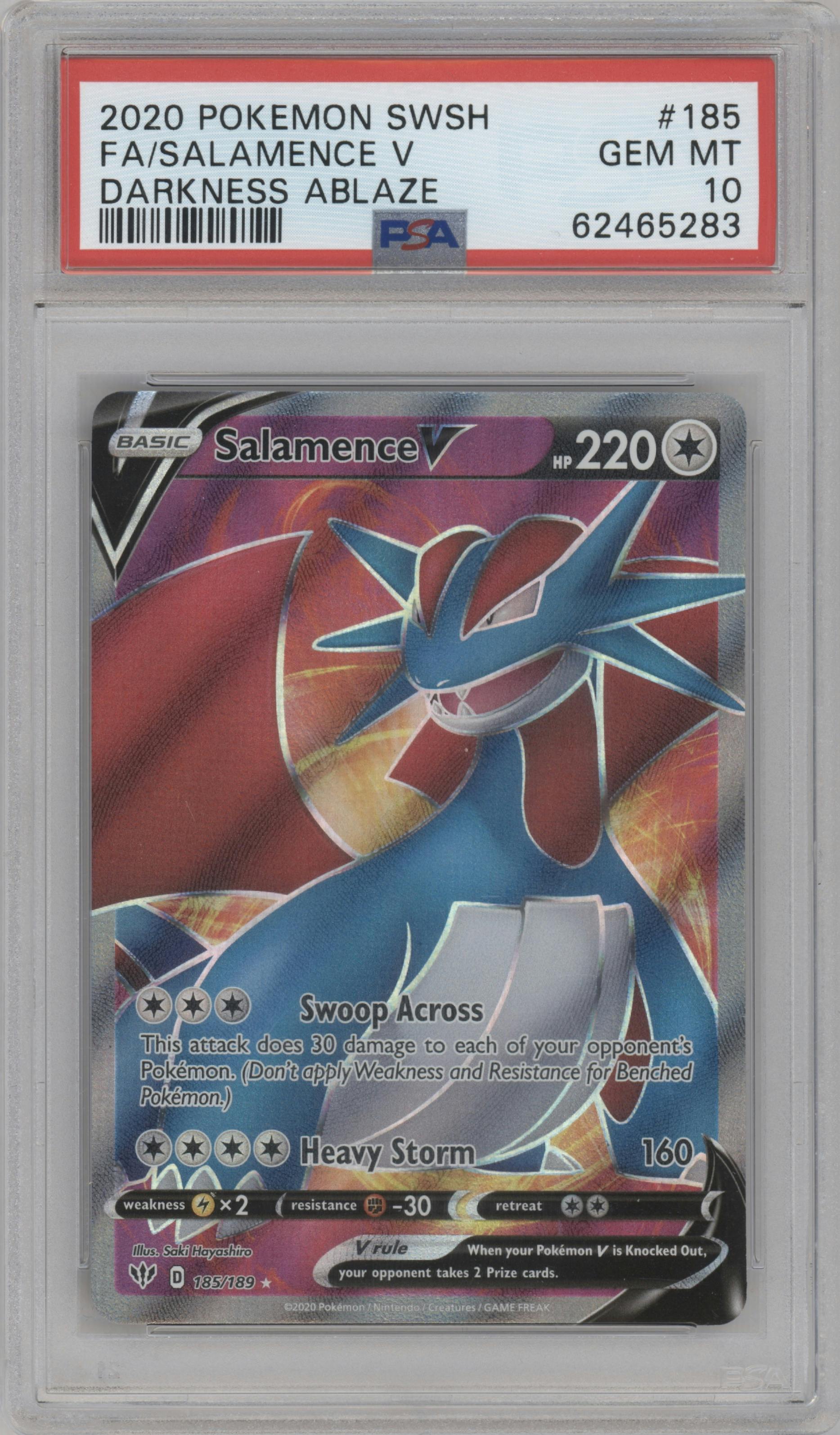 Salamence V from the 2020 Pokemon SWSH set graded by PSA and given an overall grade of 10.