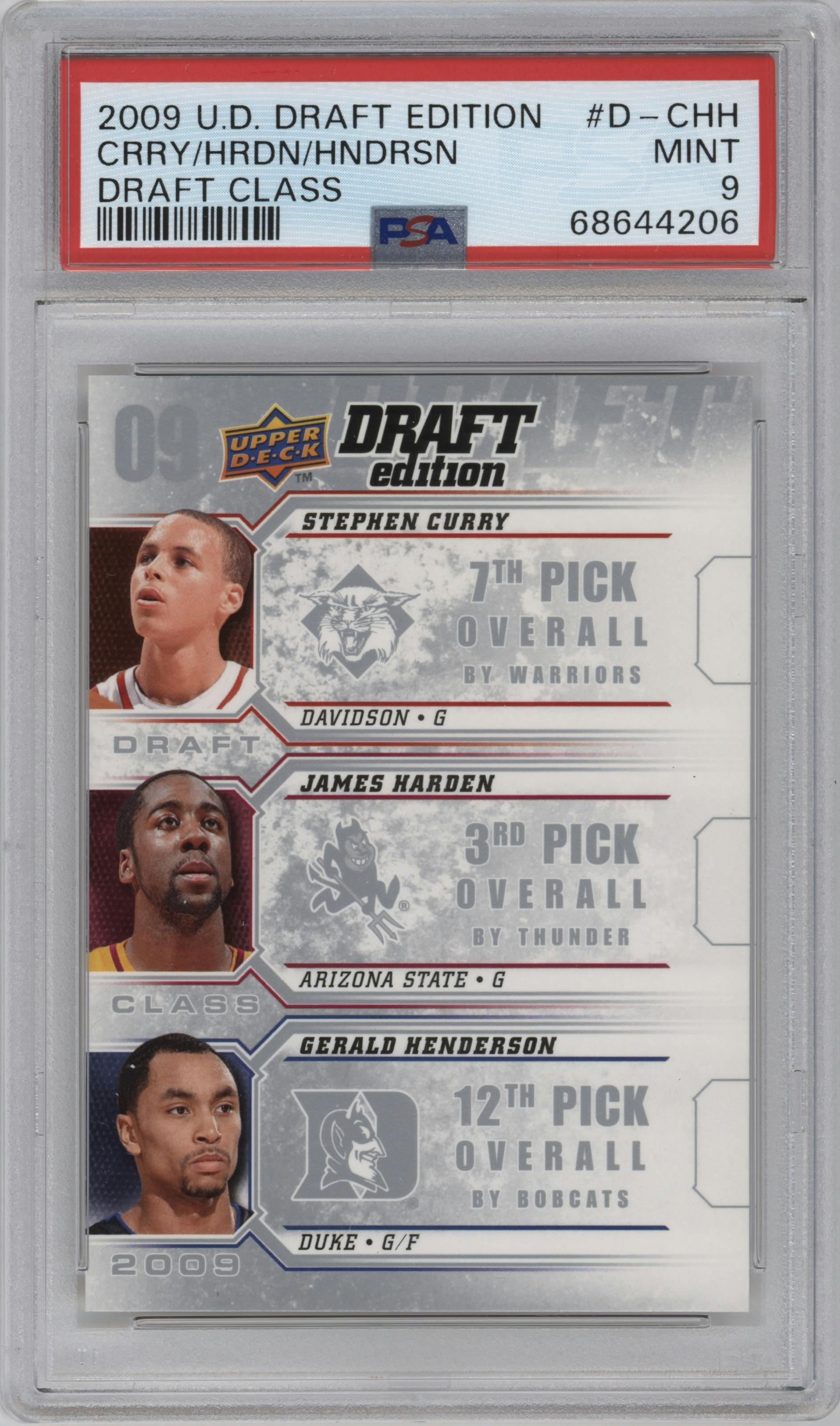 Stephen Curry/James Harden/Gerald Henderson from the 2009-10 UD Draft Edition set graded by PSA and given an overall grade of 9.