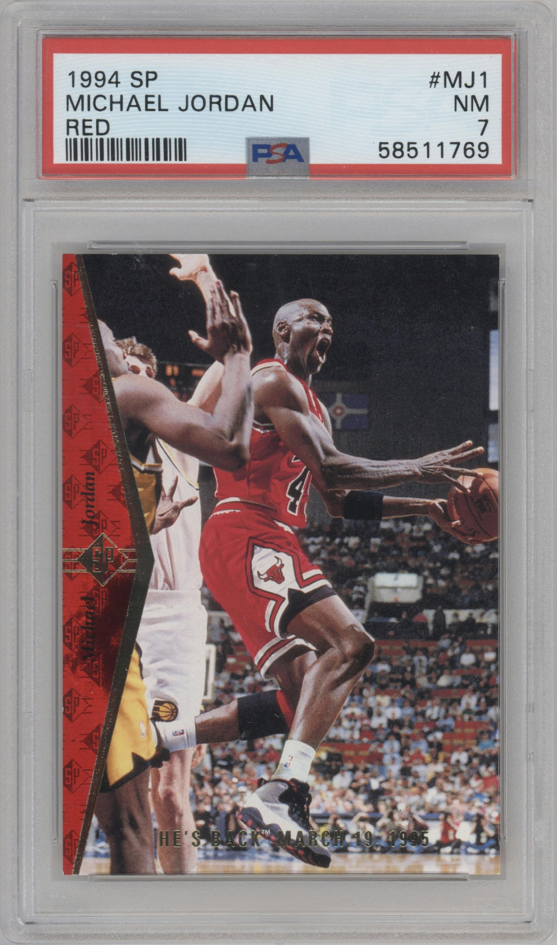 Michael Jordan from the 1994-95 SP set featuring a Red parallel graded by PSA and given an overall grade of 7.