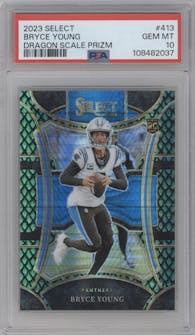 Bryce Young from the 2023 Panini Select set featuring a Dragon Scale parallel graded by PSA and given an overall grade of 10.