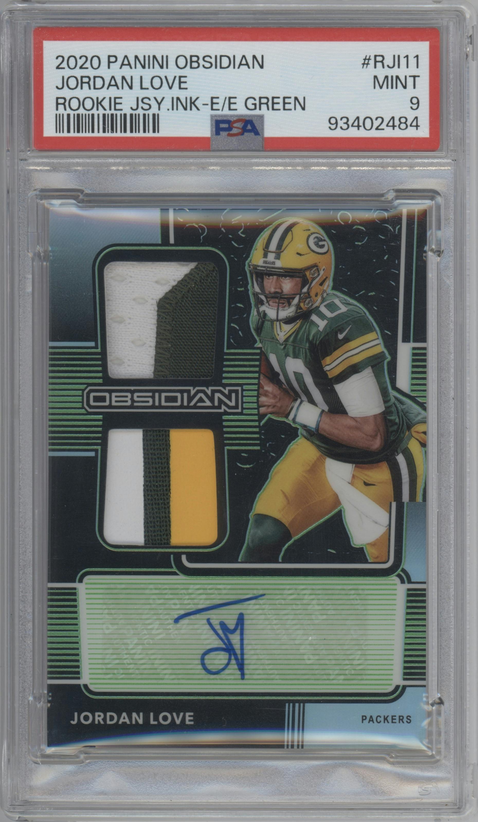 Jordan Love from the 2020 Panini Obsidian set featuring a Electric Etch Green parallel graded by PSA and given an overall grade of 9.