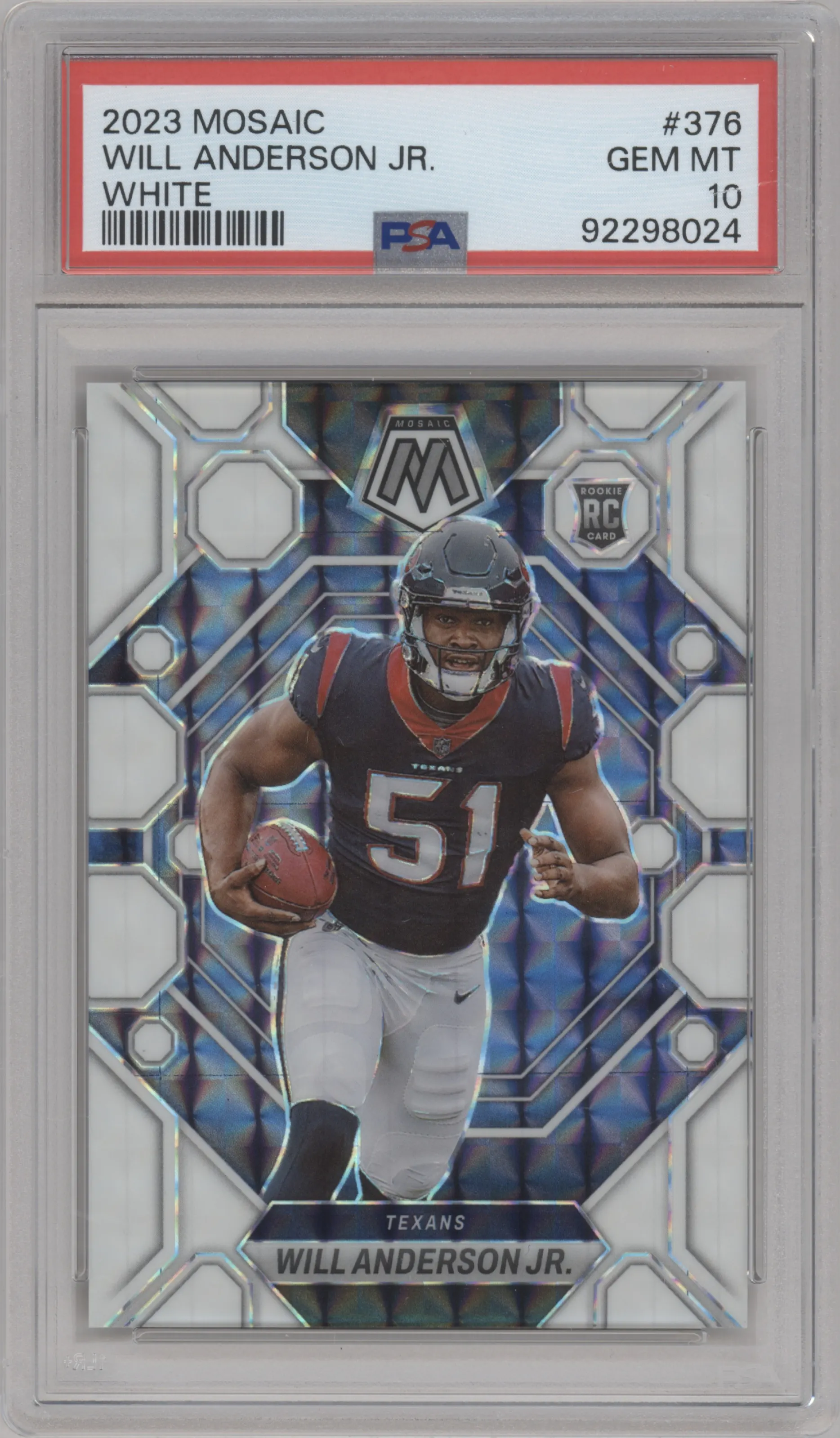 Will Anderson Jr. from the 2023 Panini Mosaic set featuring a White Mosaic parallel graded by PSA and given an overall grade of 10.