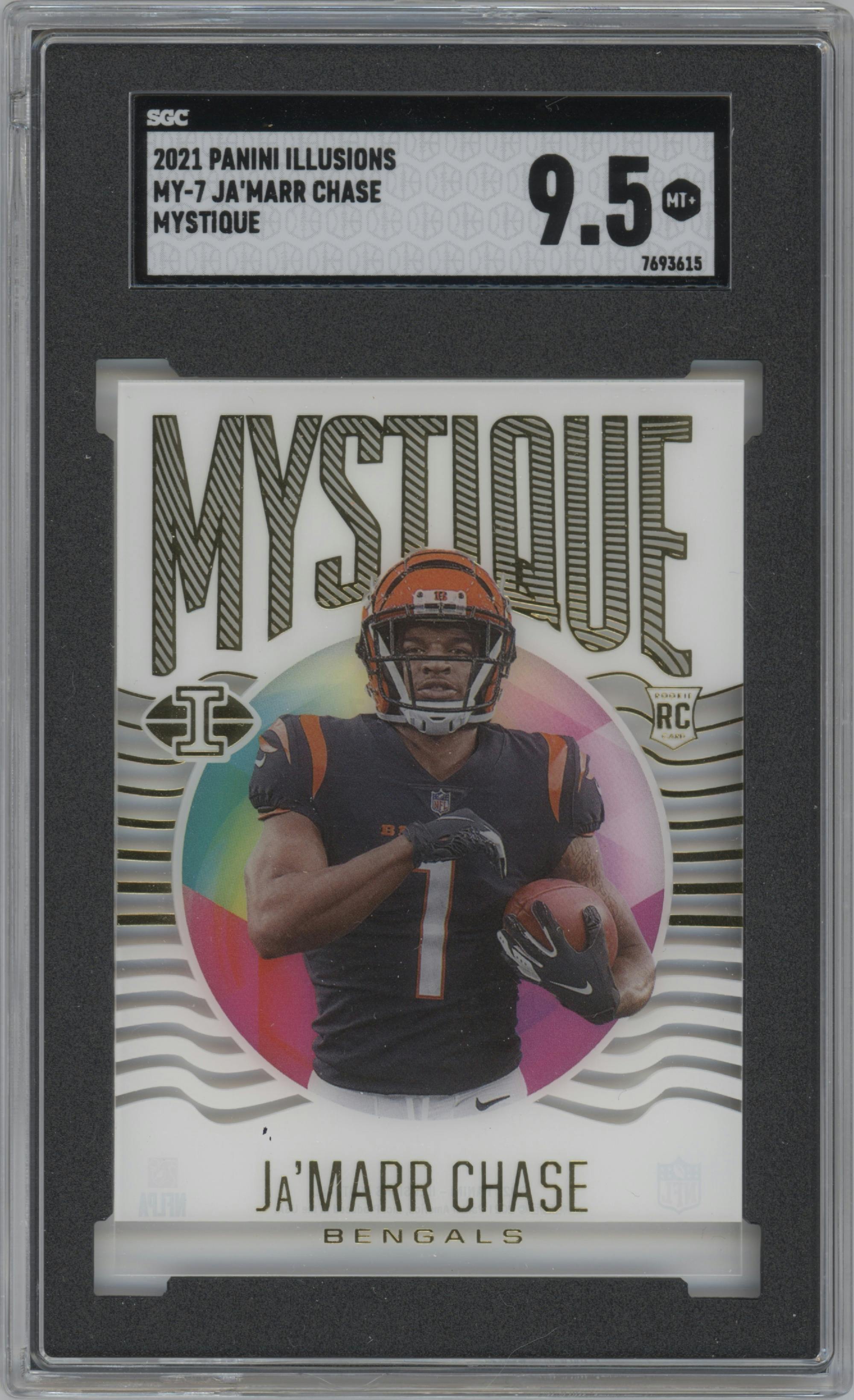 Ja'Marr Chase from the 2021 Panini Illusions set graded by SGC and given an overall grade of 9.5.