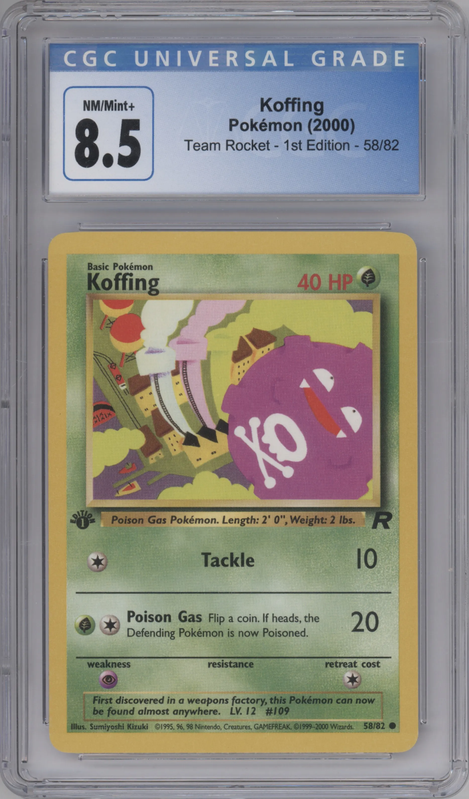 Koffing from the 2000 Pokemon set graded by CSG and given an overall grade of 8.5.