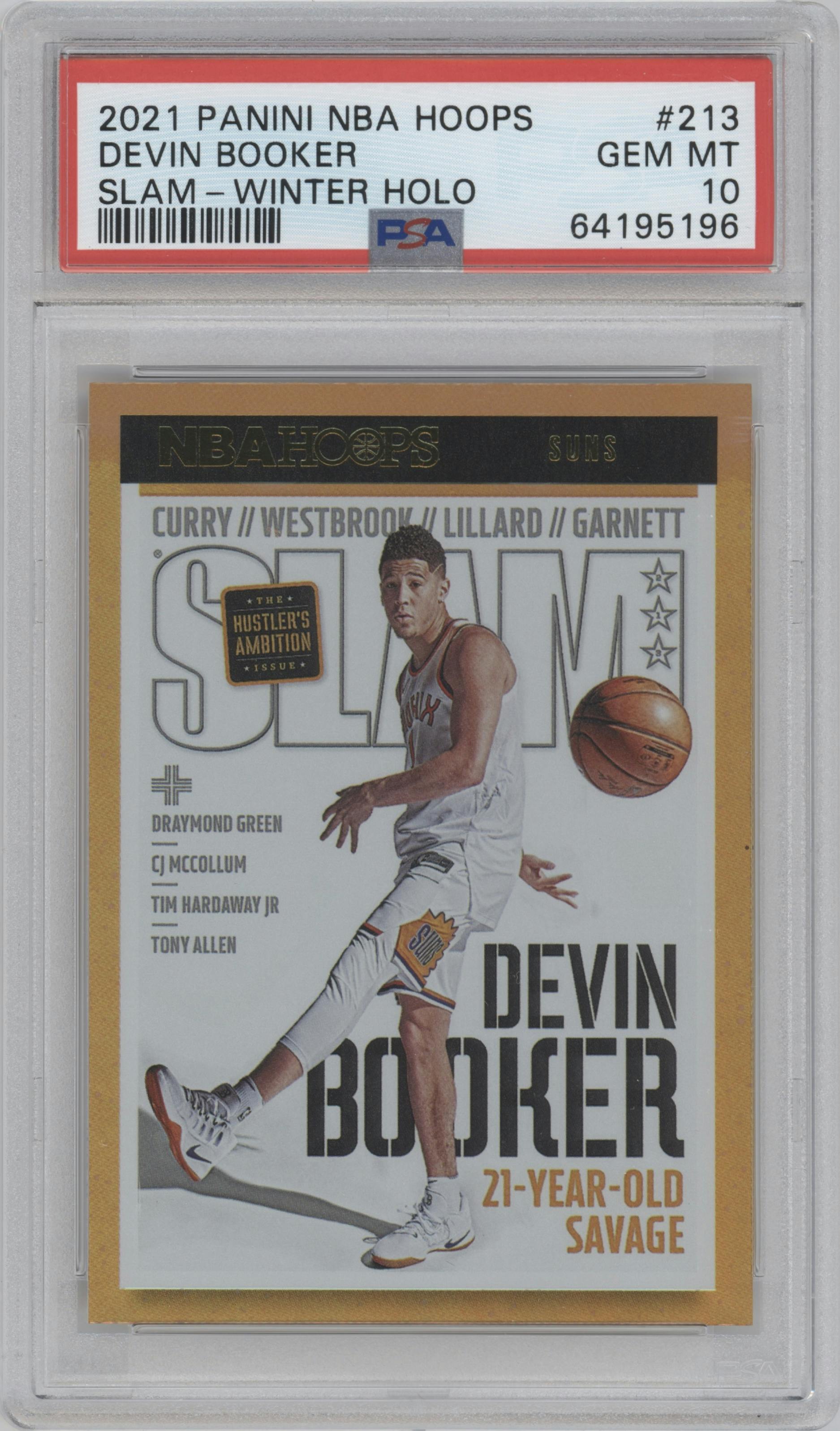 Devin Booker from the 2021-22 Panini NBA Hoops set featuring a Winter Holo parallel graded by PSA and given an overall grade of 10.