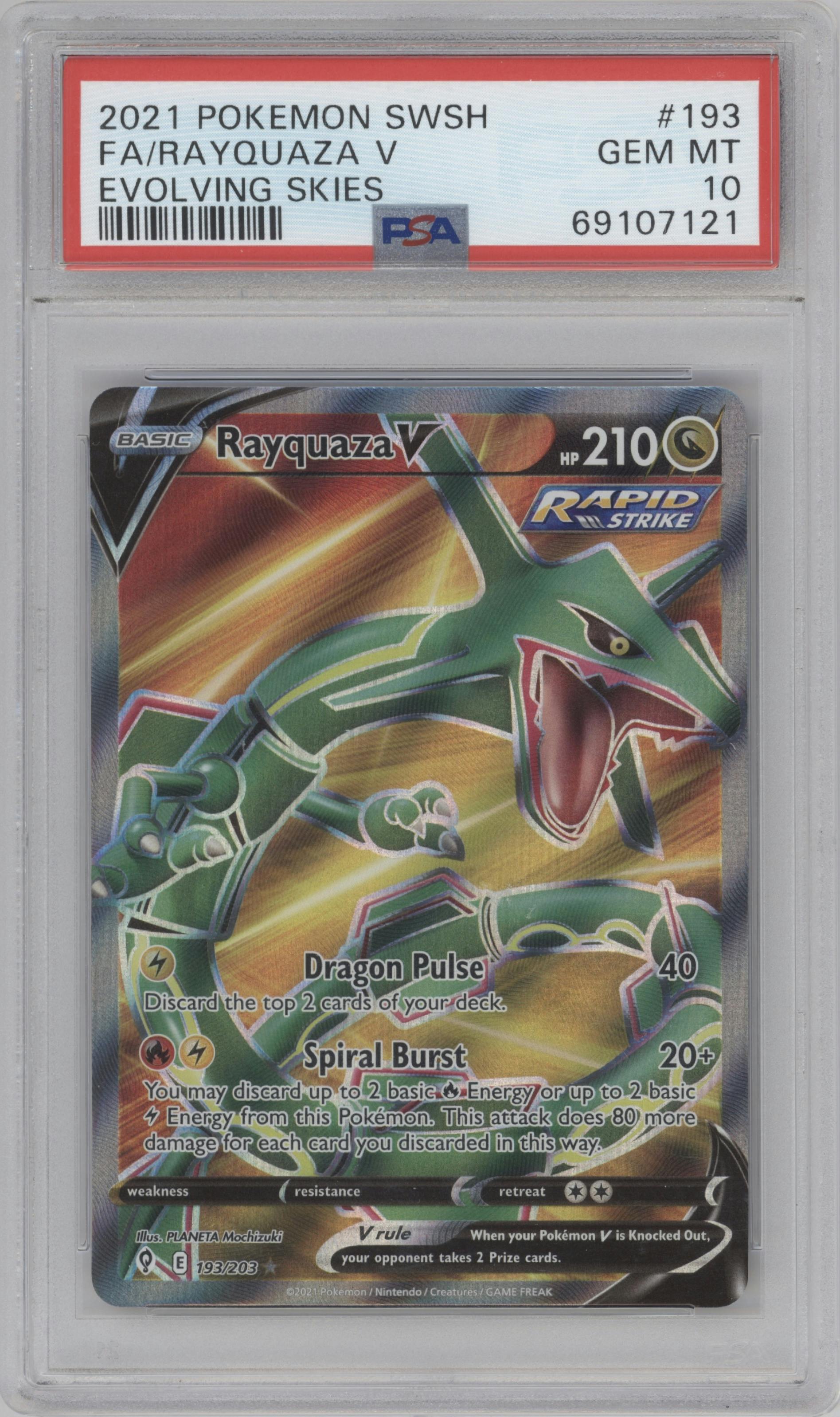 Rayquaza V from the 2021 Pokemon SWSH set graded by PSA and given an overall grade of 10.