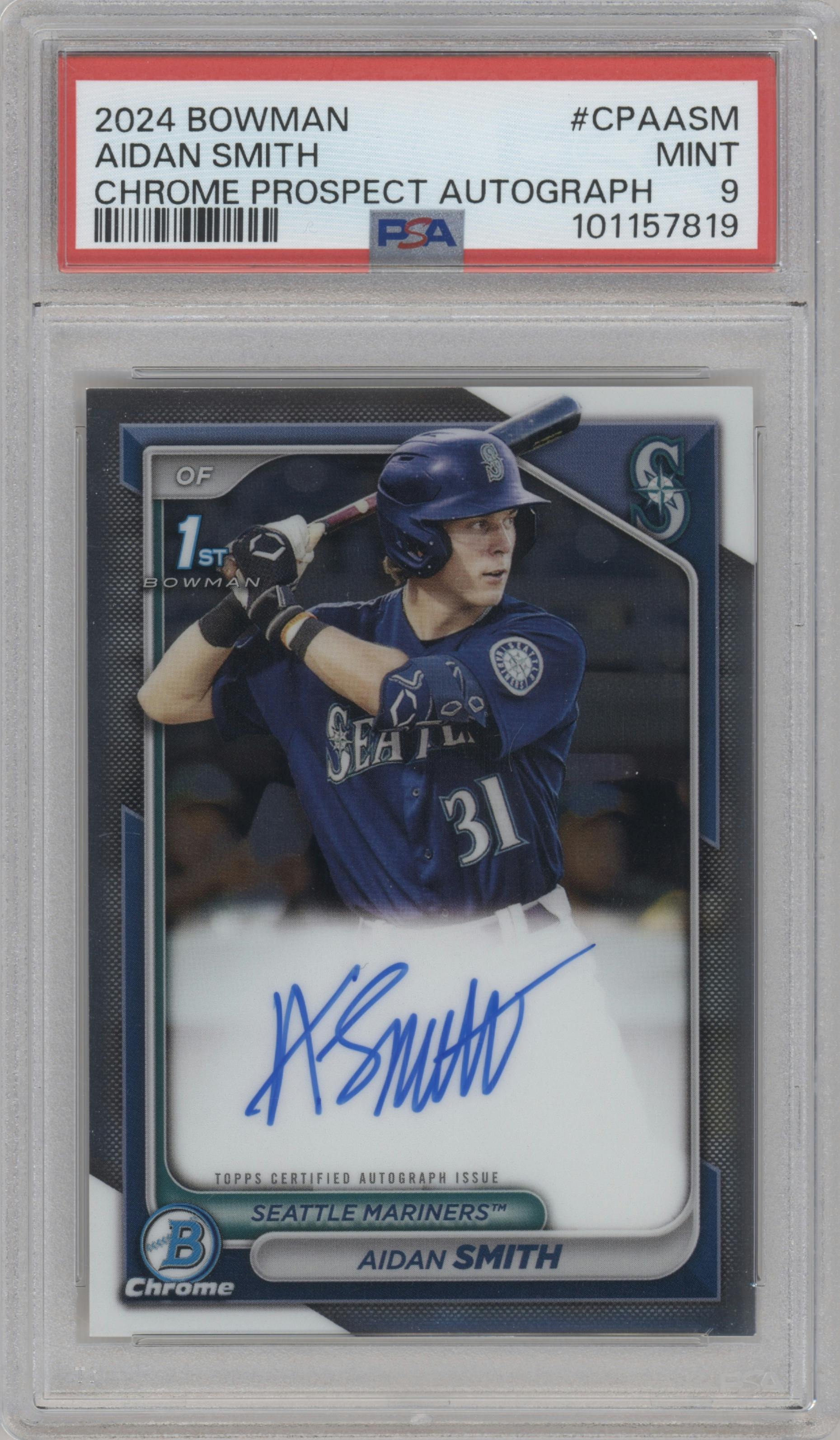 Aidan Smith from the 2024 Bowman set graded by PSA and given an overall grade of 9.