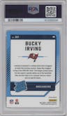 Bucky Irving from the 2024 Donruss set featuring a Red Pandora parallel graded by PSA and given an overall grade of 10.
