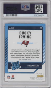 Bucky Irving from the 2024 Donruss set featuring a Red Pandora parallel graded by PSA and given an overall grade of 10.