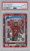 Bucky Irving from the 2024 Donruss set featuring a Red Pandora parallel graded by PSA and given an overall grade of 10.