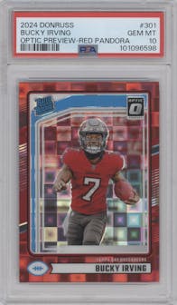 Bucky Irving from the 2024 Donruss set featuring a Red Pandora parallel graded by PSA and given an overall grade of 10.