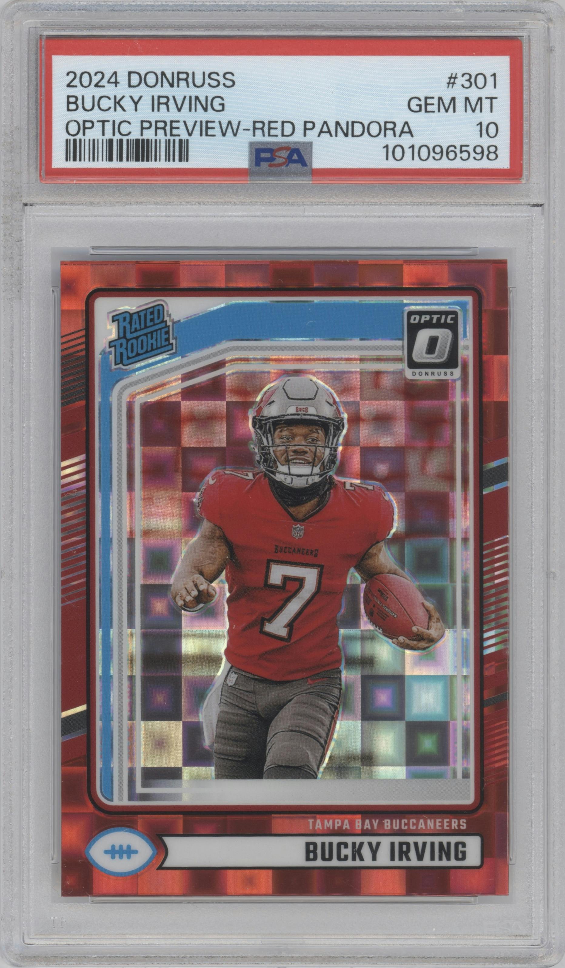 Bucky Irving from the 2024 Donruss set featuring a Red Pandora parallel graded by PSA and given an overall grade of 10.