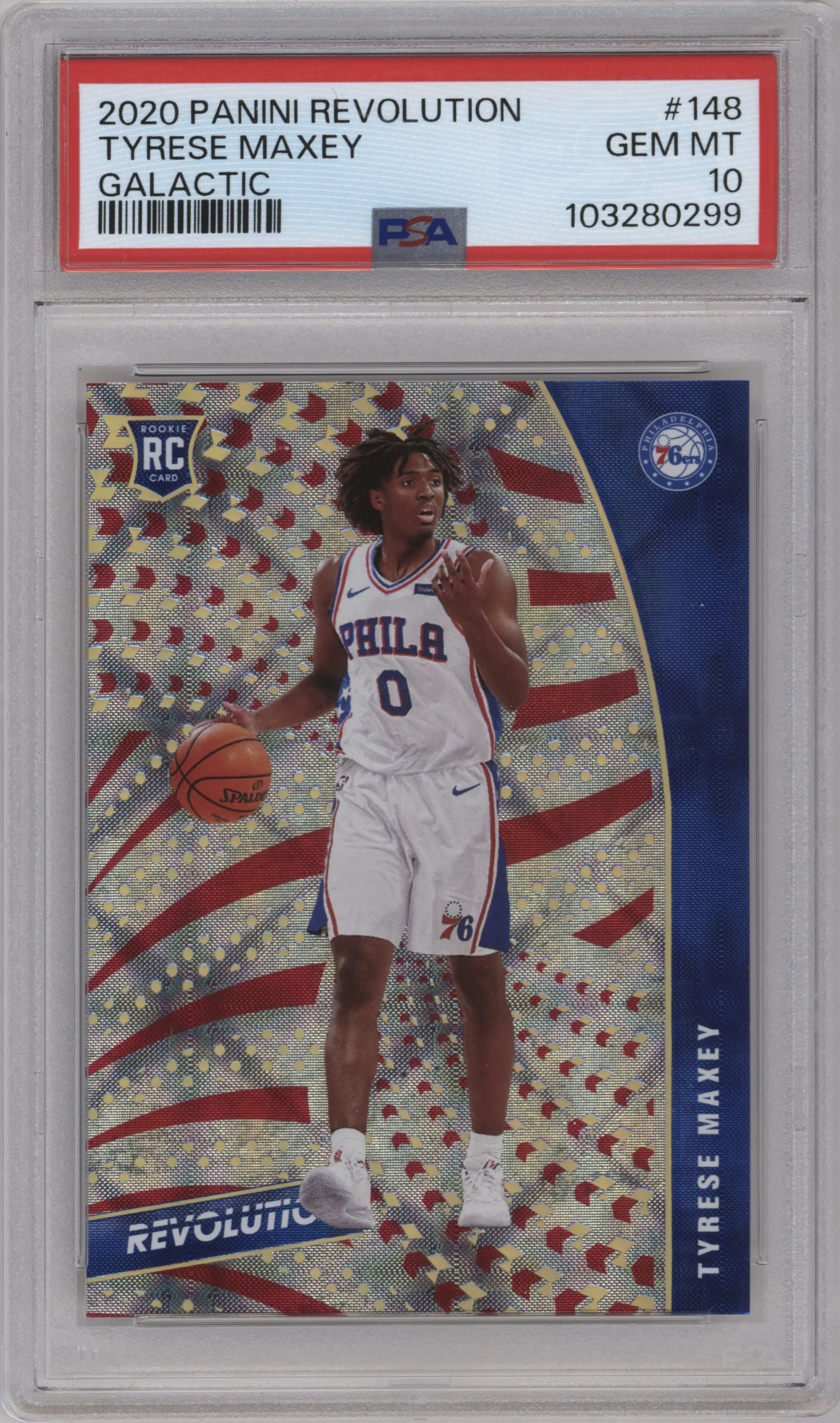 Tyrese Maxey from the 2020-21 Panini Revolution set featuring a Galactic parallel graded by PSA and given an overall grade of 10.