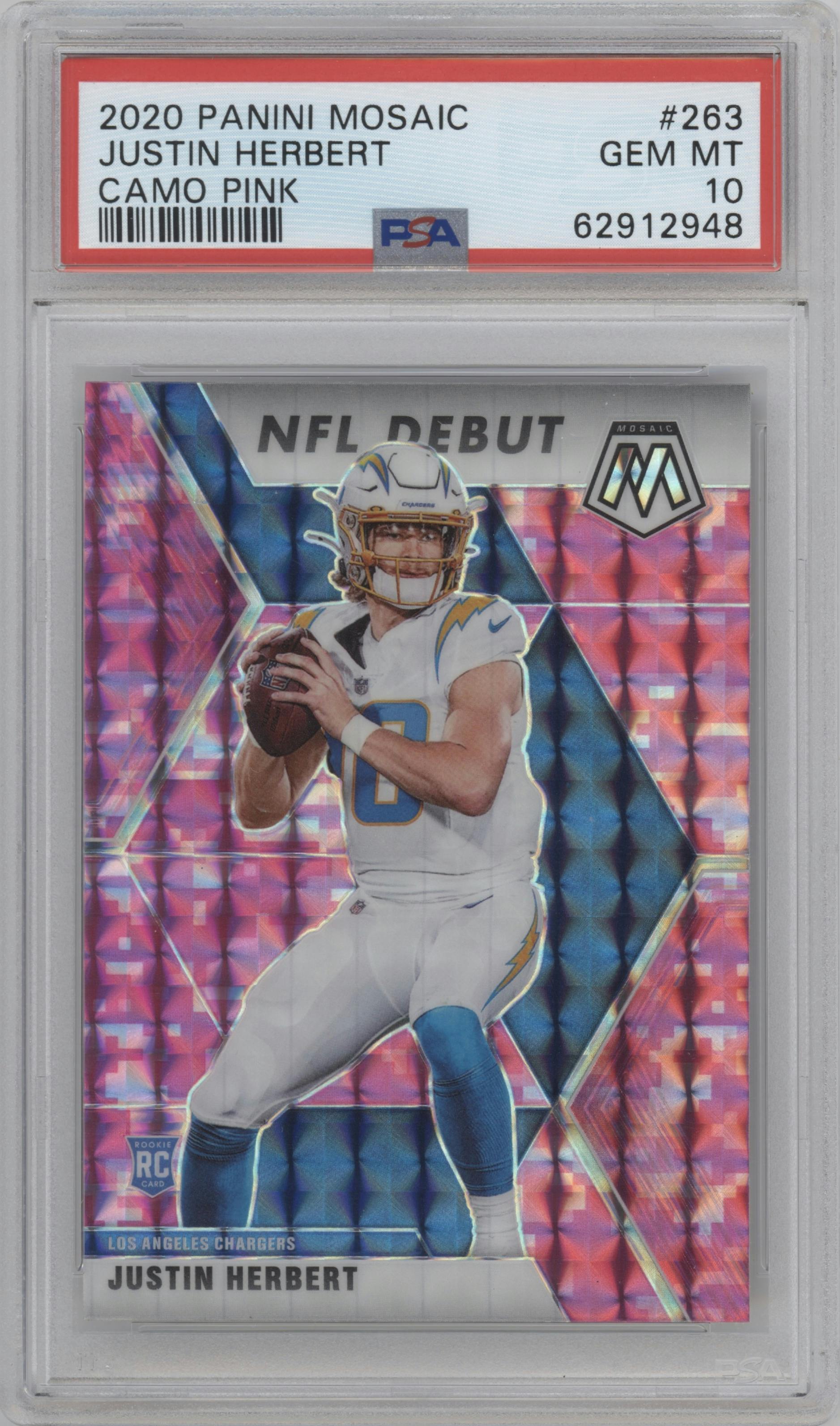 Justin Herbert from the 2020 Panini Mosaic set featuring a Pink Camo parallel graded by PSA and given an overall grade of 10.