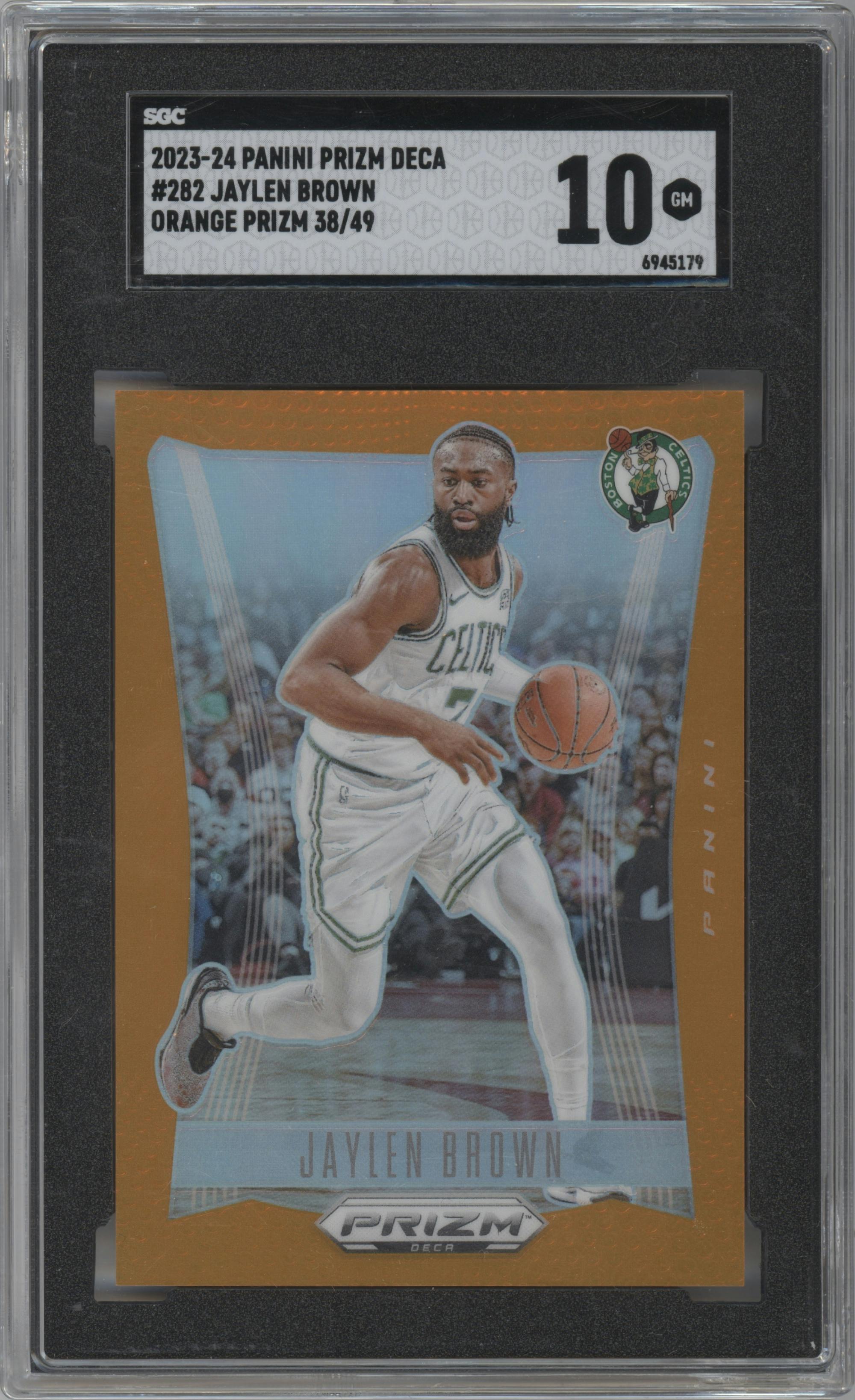 Jaylen Brown from the 2023-24 Panini Prizm Deca set featuring a Orange Prizm parallel graded by SGC and given an overall grade of 10.
