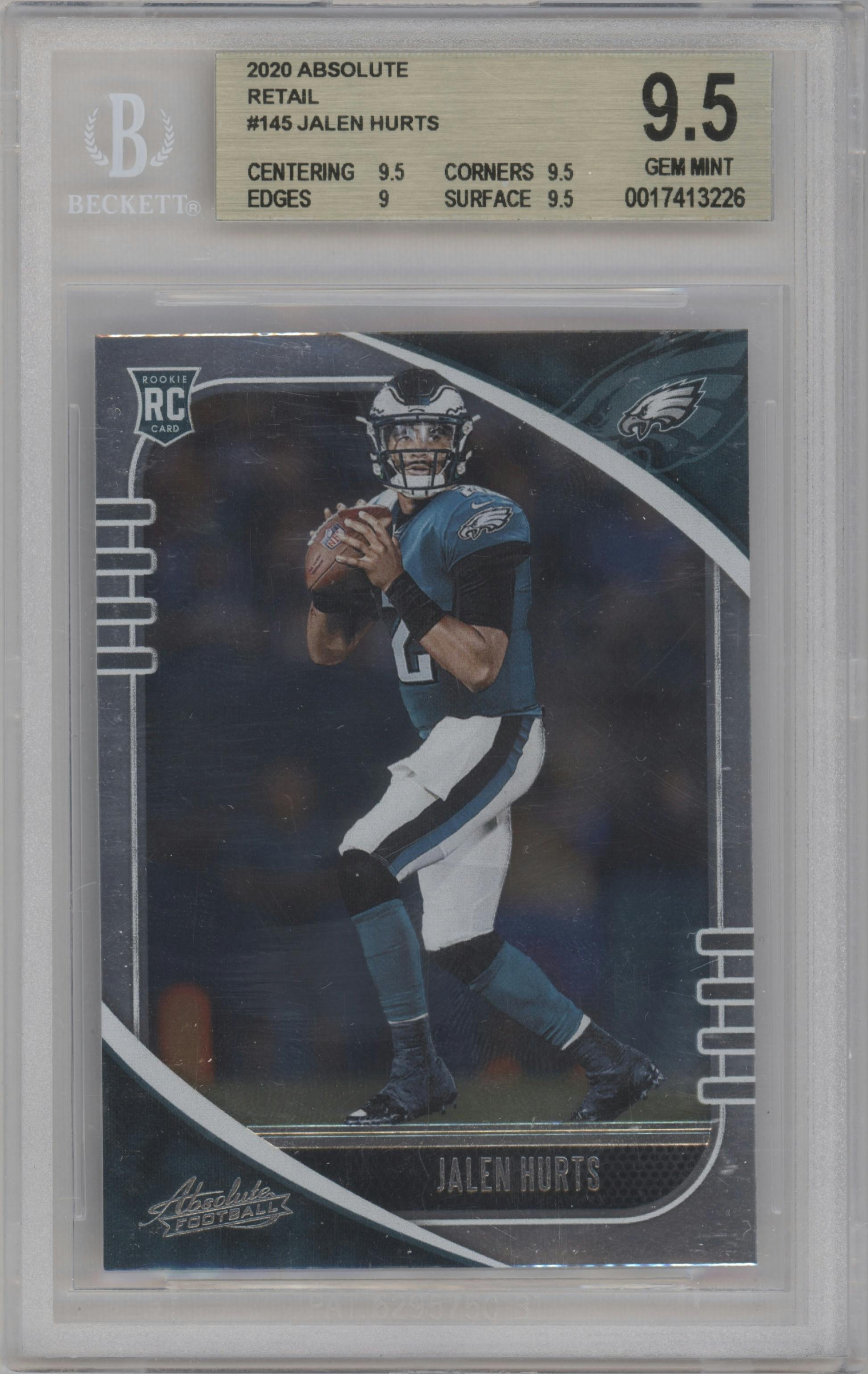 Jalen Hurts from the 2020 Panini Absolute set graded by Beckett and given an overall grade of 9.5.