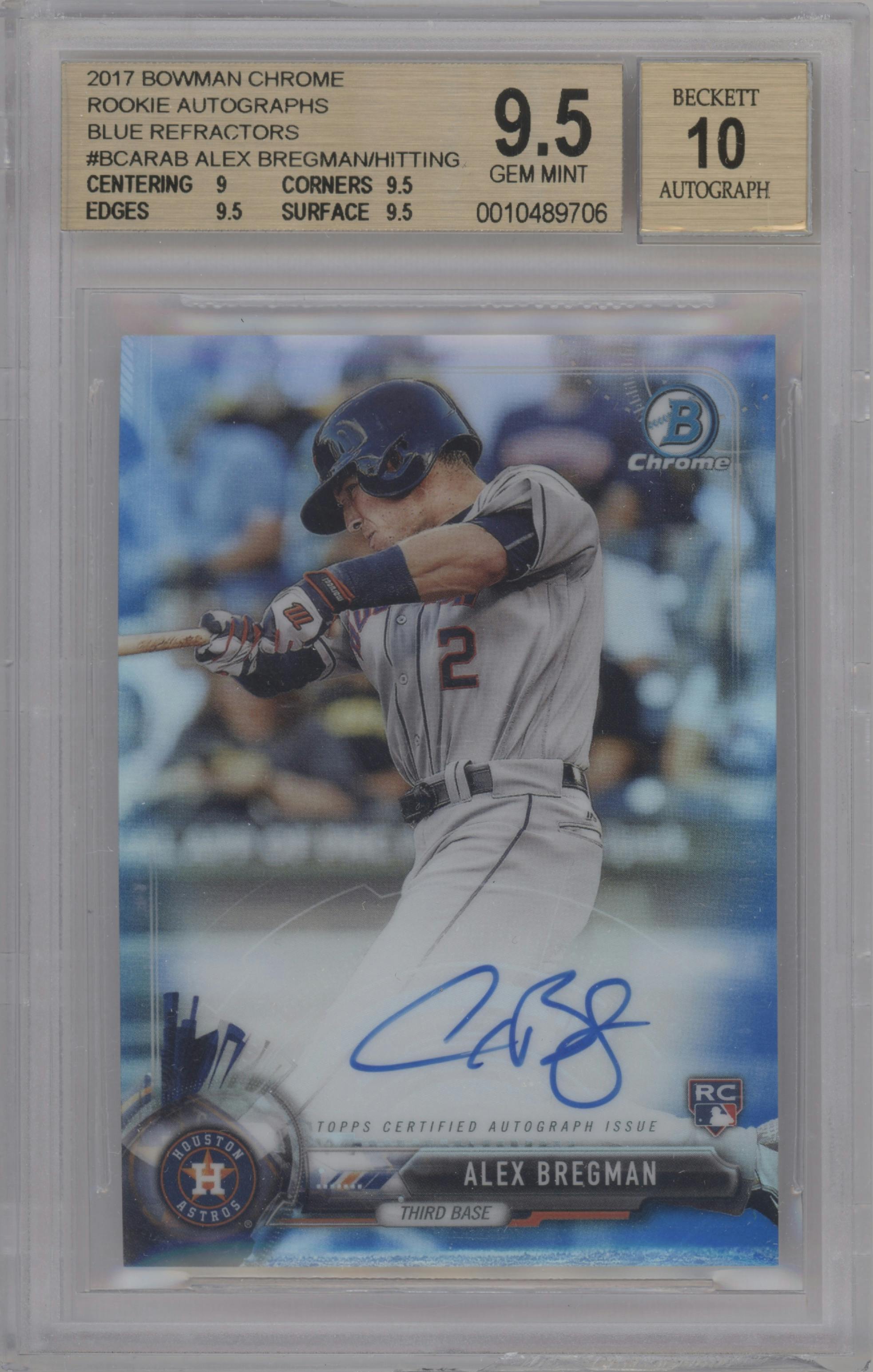 Alex Bregman from the 2017 Bowman Chrome set featuring a Blue Refractor  parallel graded by Beckett and given an overall grade of 9.5.