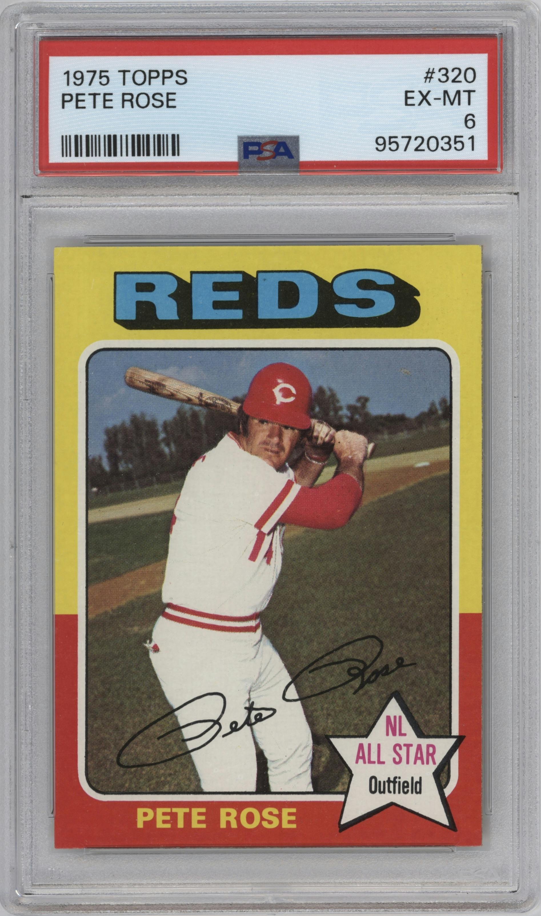 Pete Rose from the 1975 Topps set graded by PSA and given an overall grade of 6.