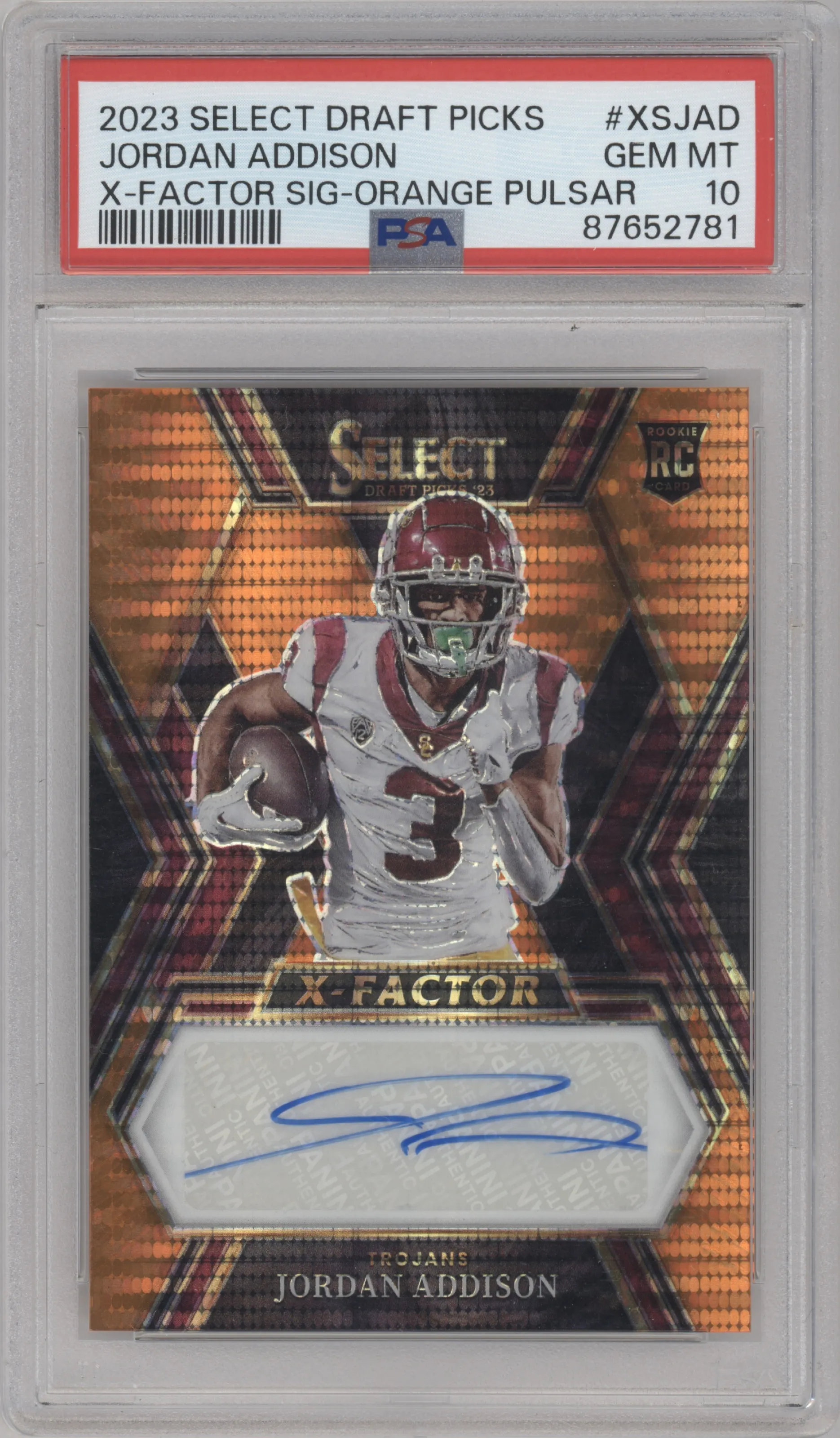 2023 Panini Select Draft Picks X-Factor Sig. Jordan Addison Orange Pulsar PSA 10