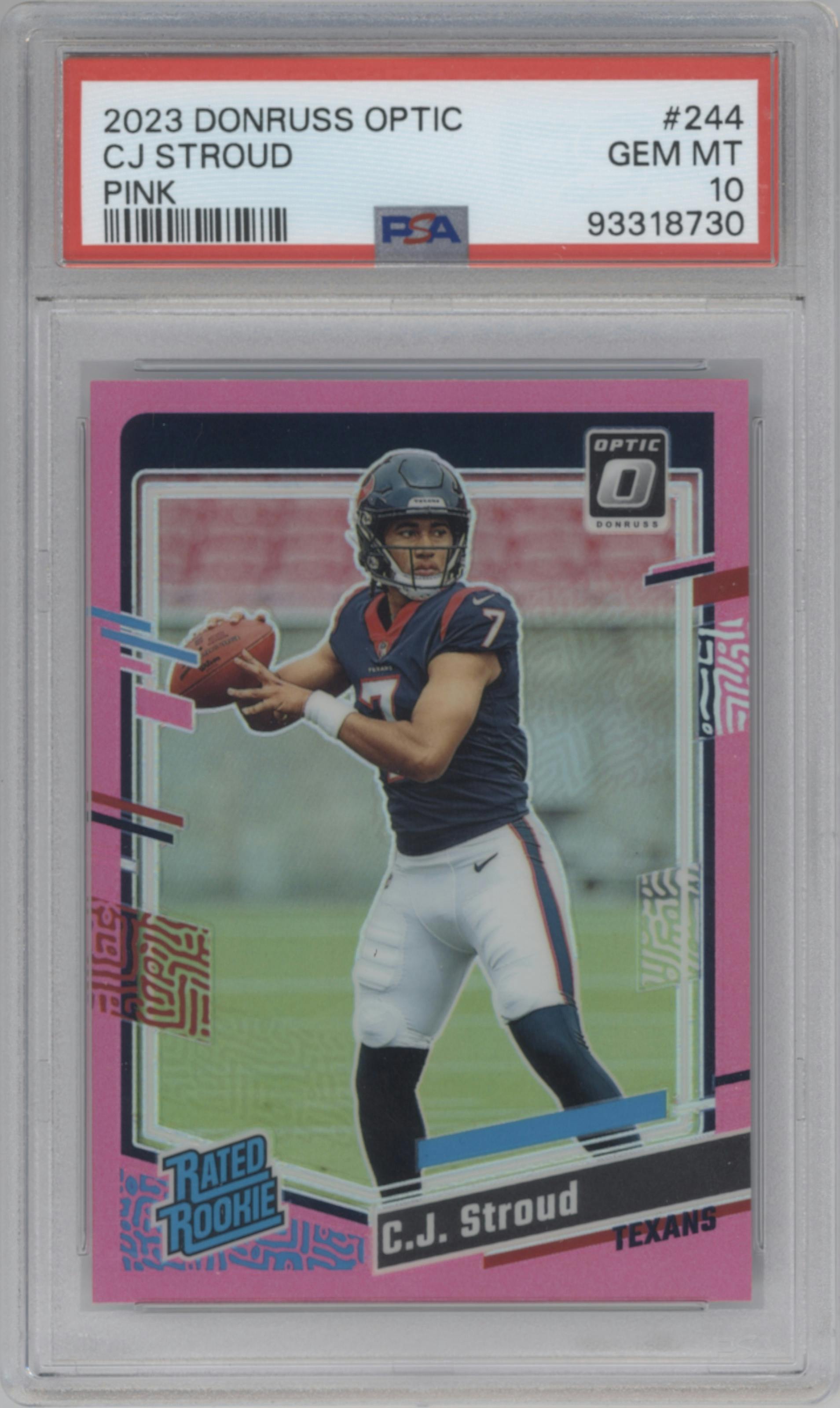 C.J. Stroud from the 2023 Donruss Optic set featuring a Pink parallel graded by PSA and given an overall grade of 10.