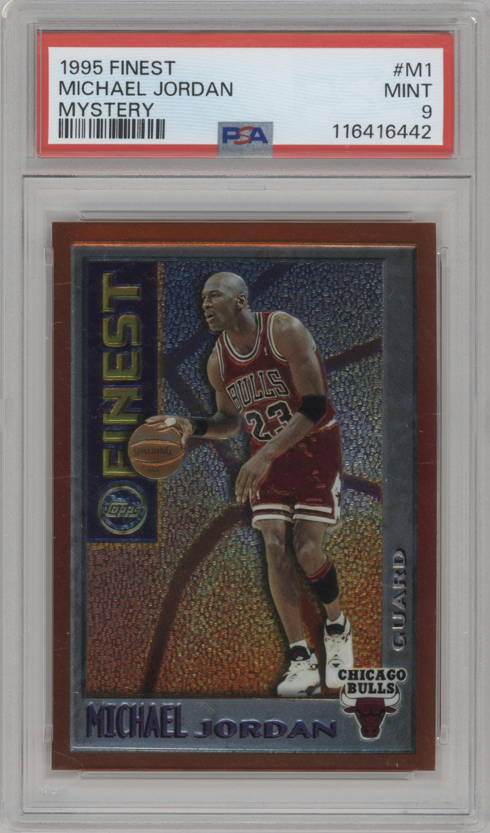 Michael Jordan from the 1995-96 Topps Finest set featuring a Bordered parallel graded by PSA and given an overall grade of 9.